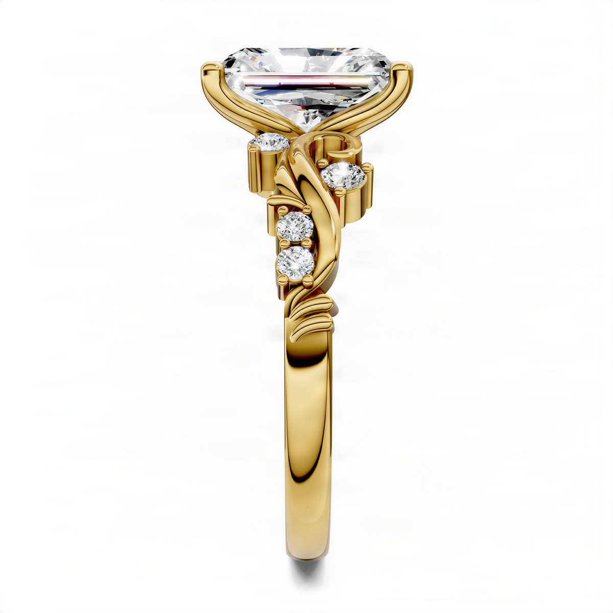 Yellow gold radiant scroll ring with oval center diamond, small round stones, and split shank
