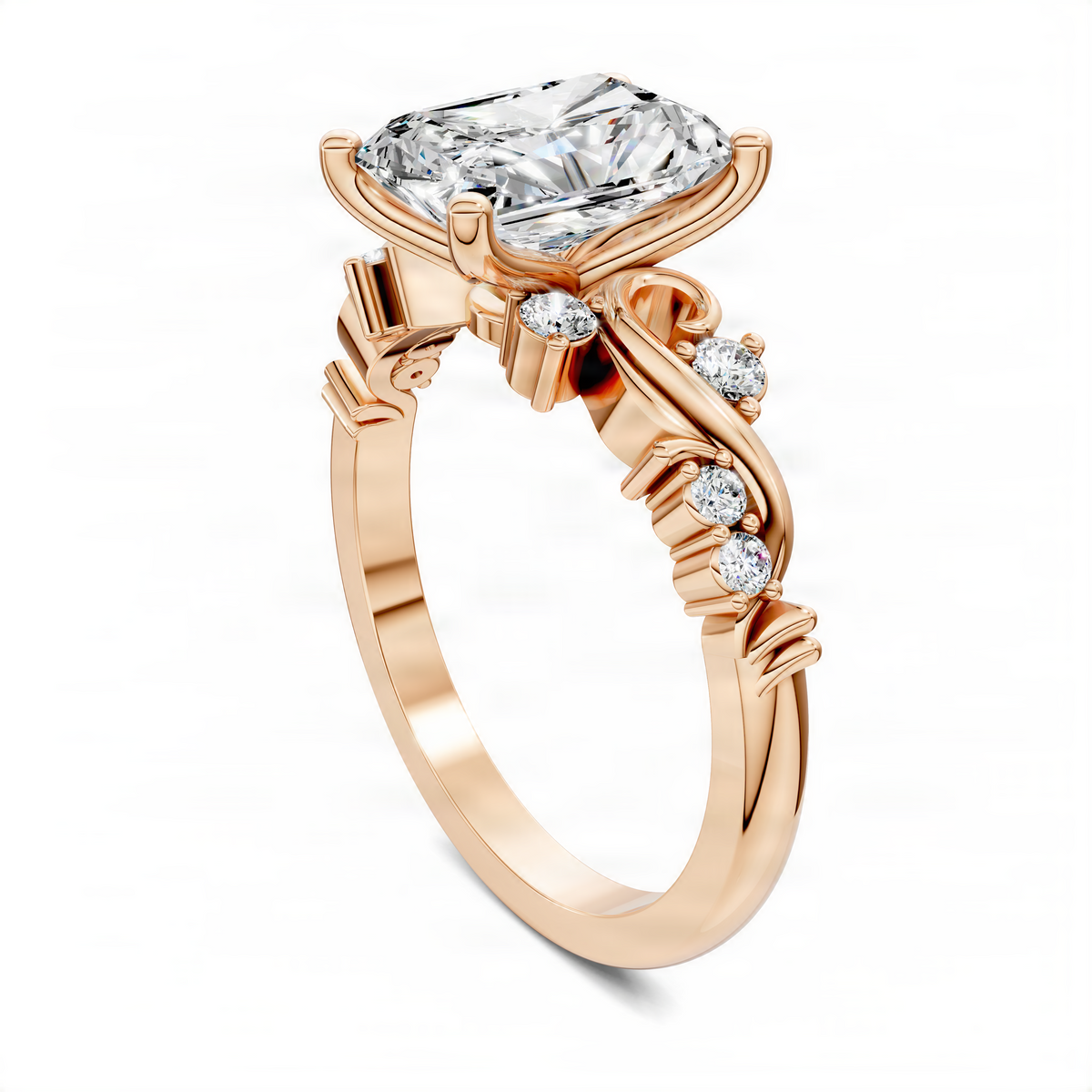 Rose gold radiant scroll ring with oval center diamond, curved band, and small round stones