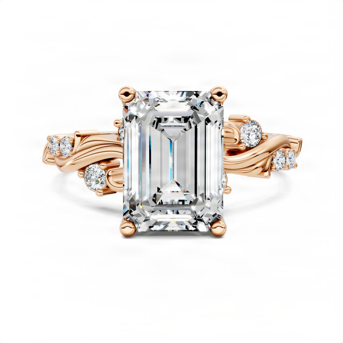 Rose gold engagement ring with emerald-cut center stone and side diamond clusters