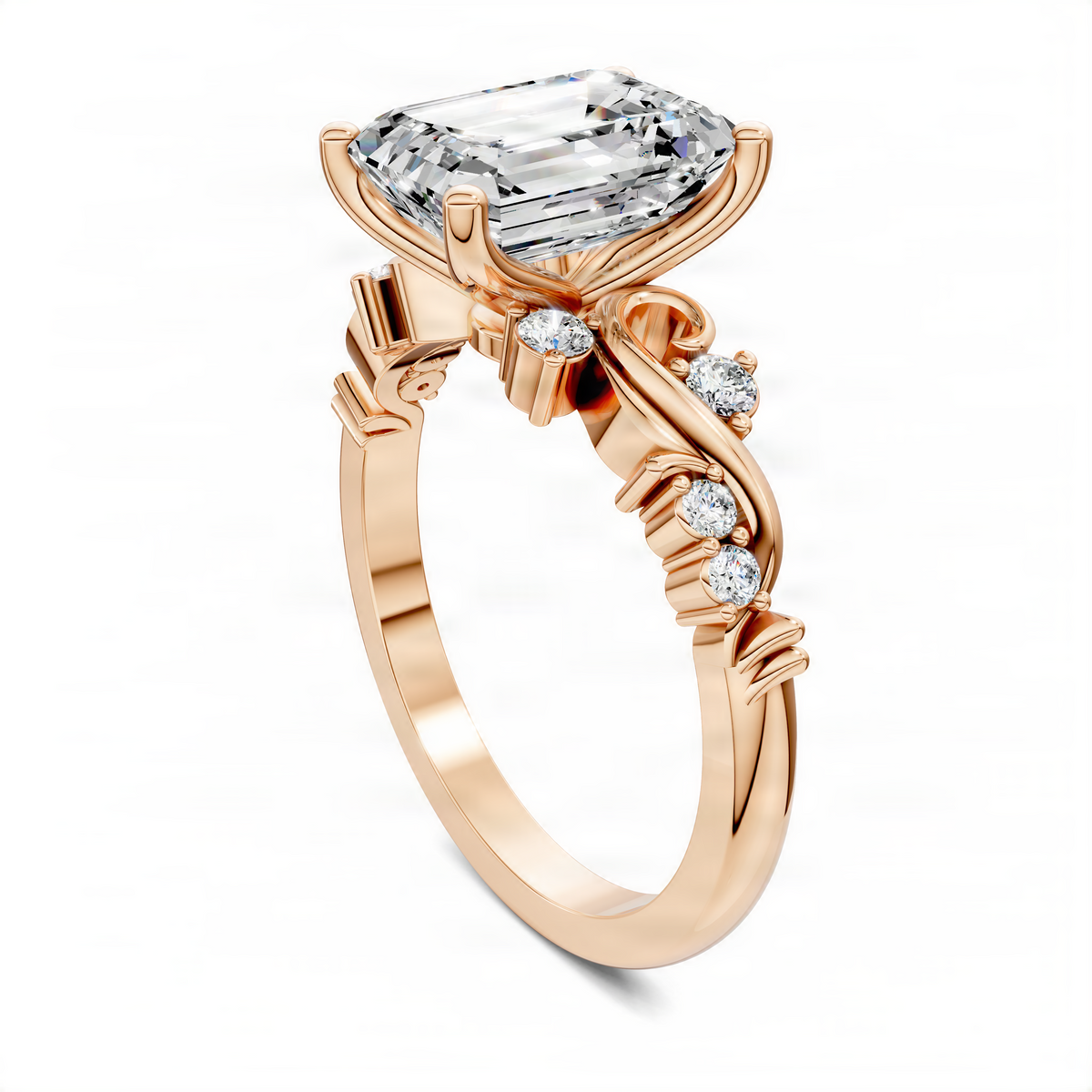Rose gold diamond engagement ring with emerald-cut stone and stacked swirl setting