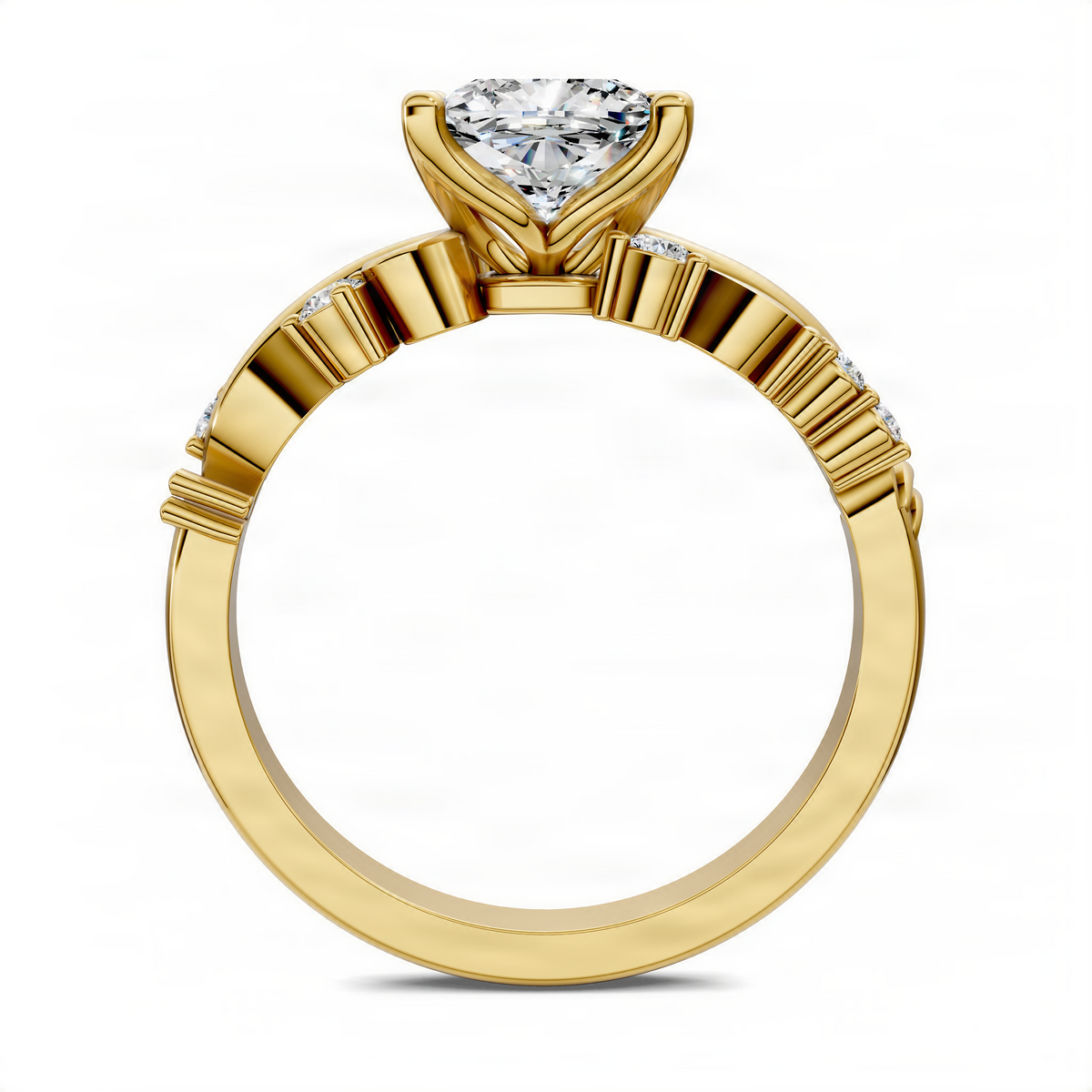 Yellow gold ring band with prong-set round center diamond and channel-set side accents