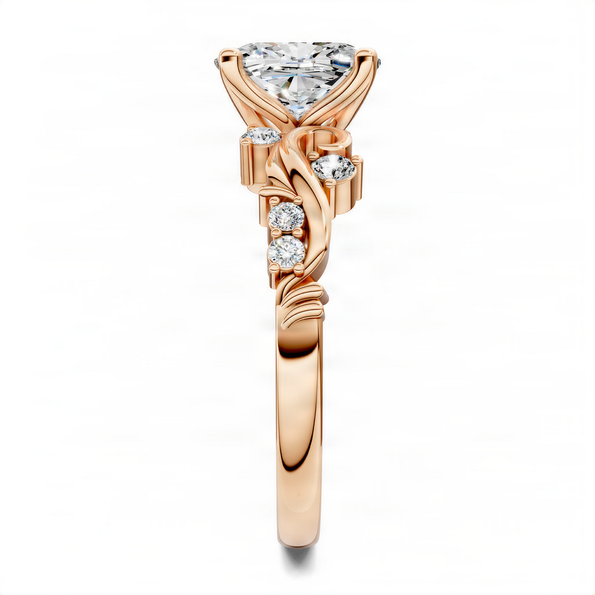 Opes cushion scroll ring rose gold, tall setting with cushion center and three round accents