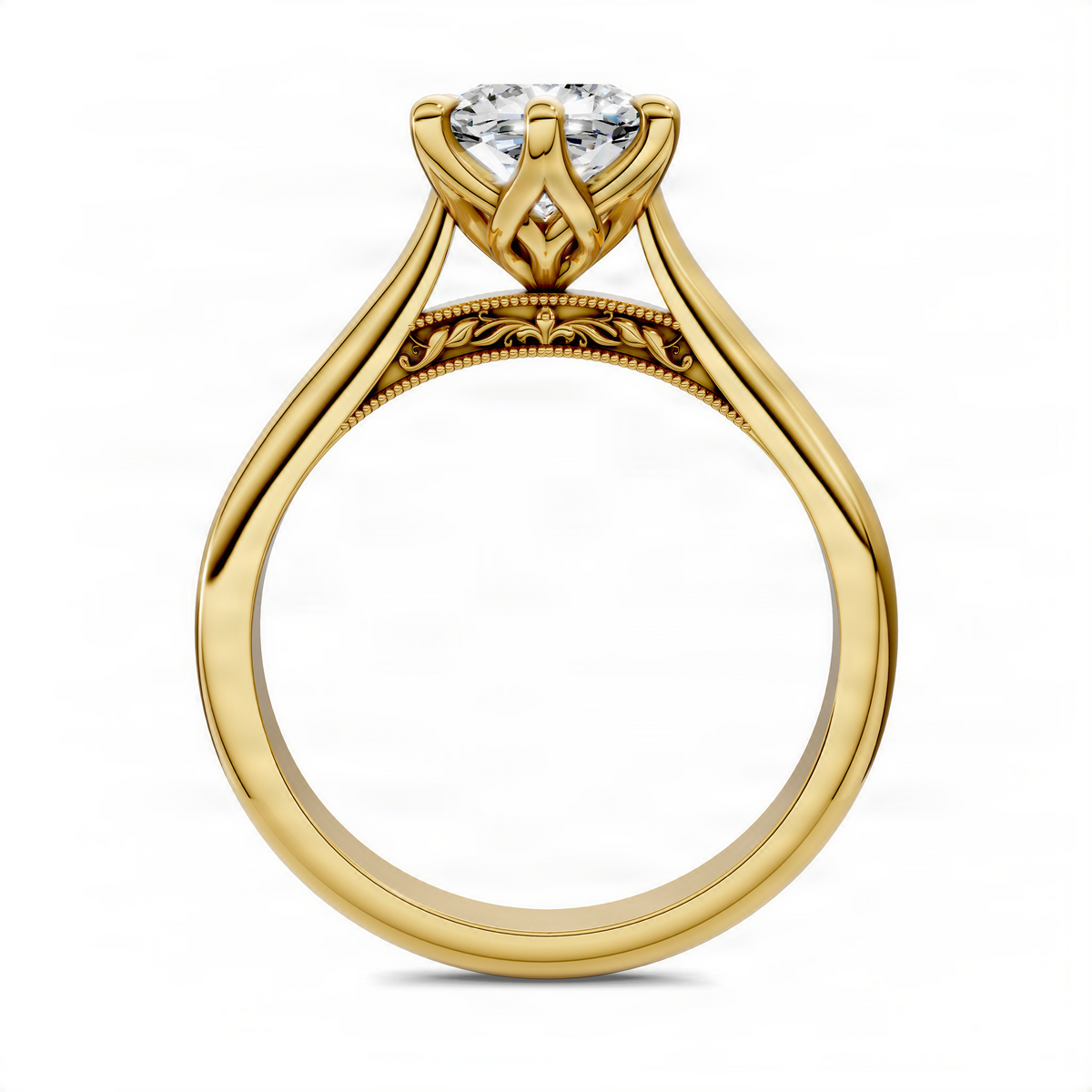 Gold cushion-cut gemstone ring with petal prongs and ornate under-gallery