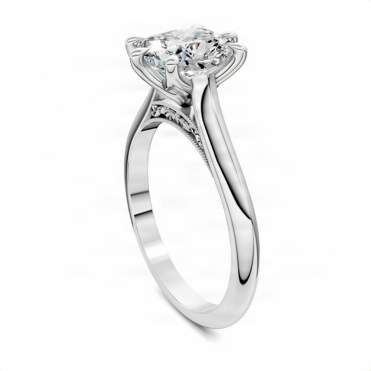 White gold cushion-cut diamond ring viewed from the side, petal prong setting