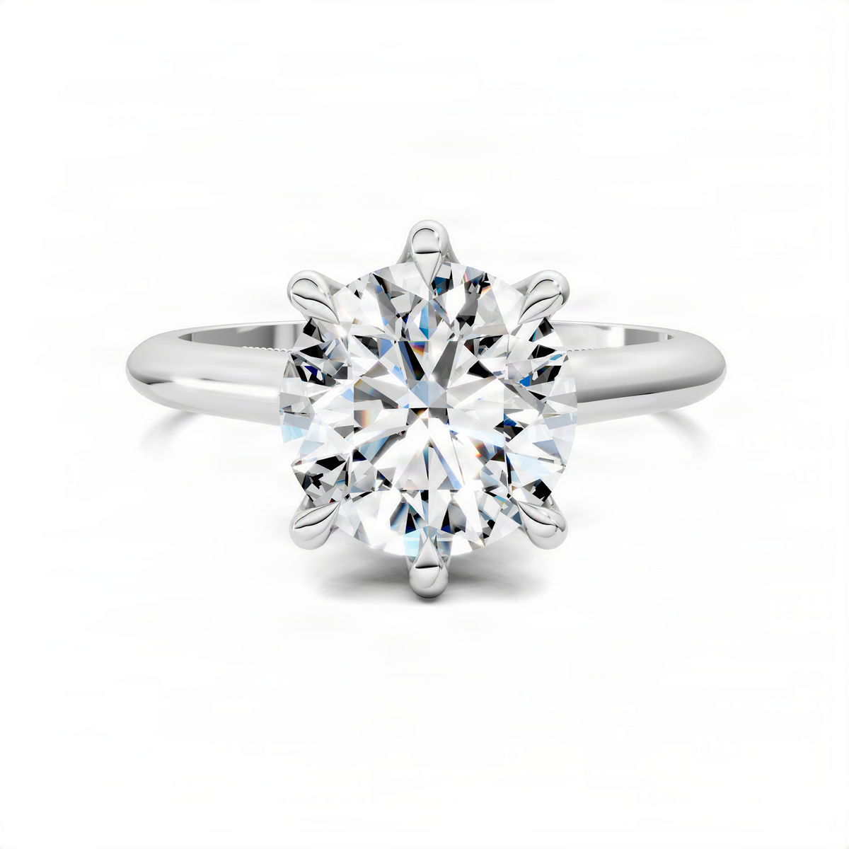 Round center gemstone engagement ring with petal prong setting and polished metal band