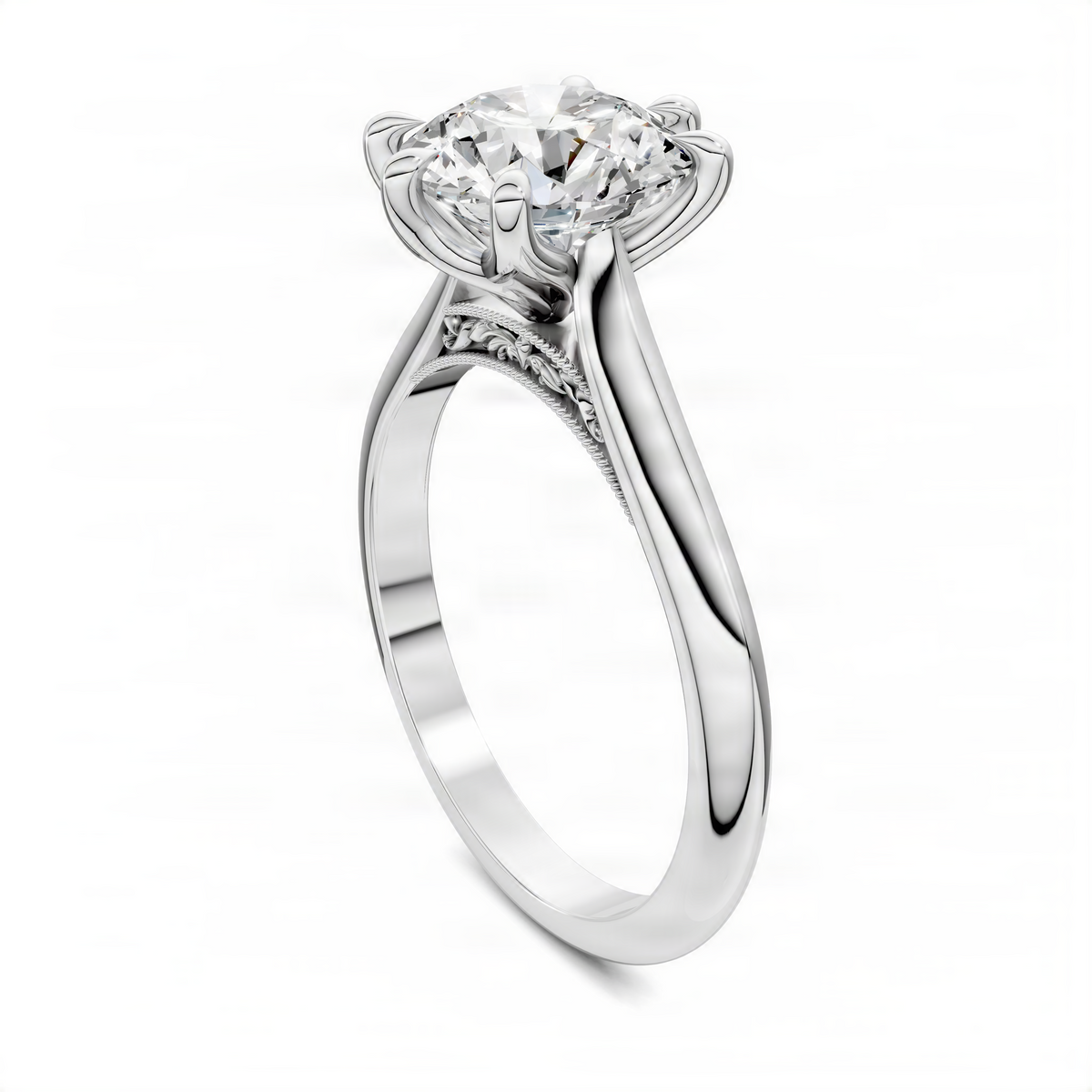 White metal round gemstone ring with petal prongs, oval gallery detailing, and slim band