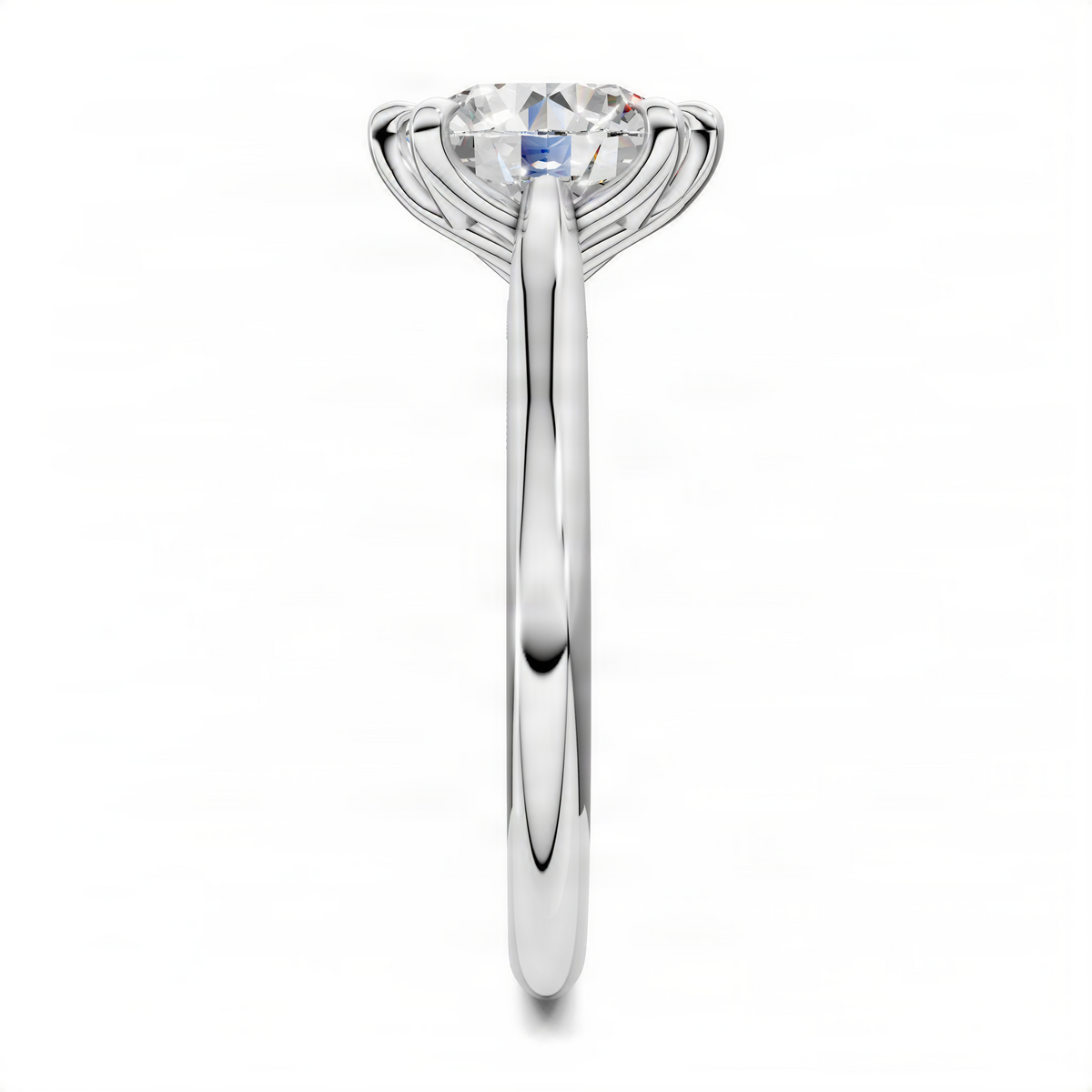 White metal round gemstone ring with petal prongs and smooth polished band