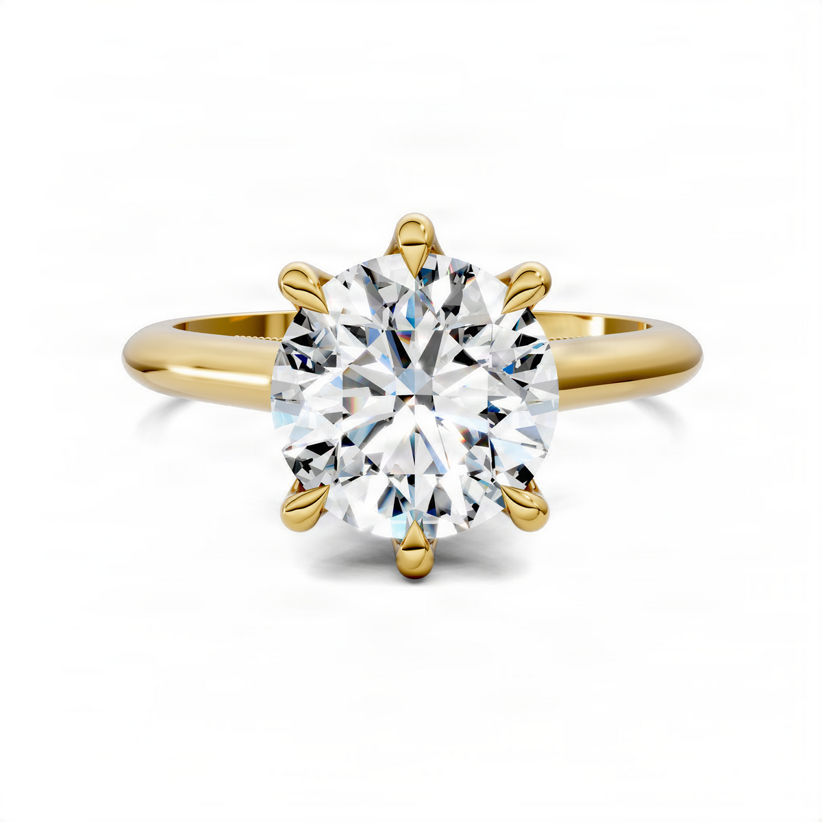 Yellow gold round gemstone engagement ring with petal prongs and polished band