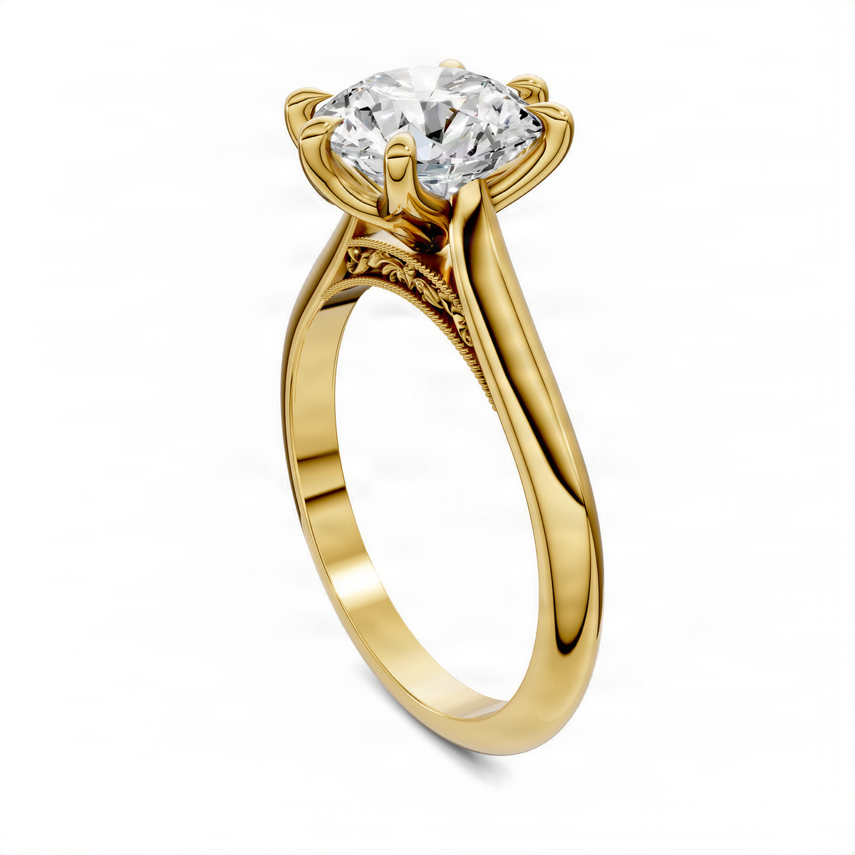 Yellow gold round gemstone ring with petal prong basket and detailed under-gallery
