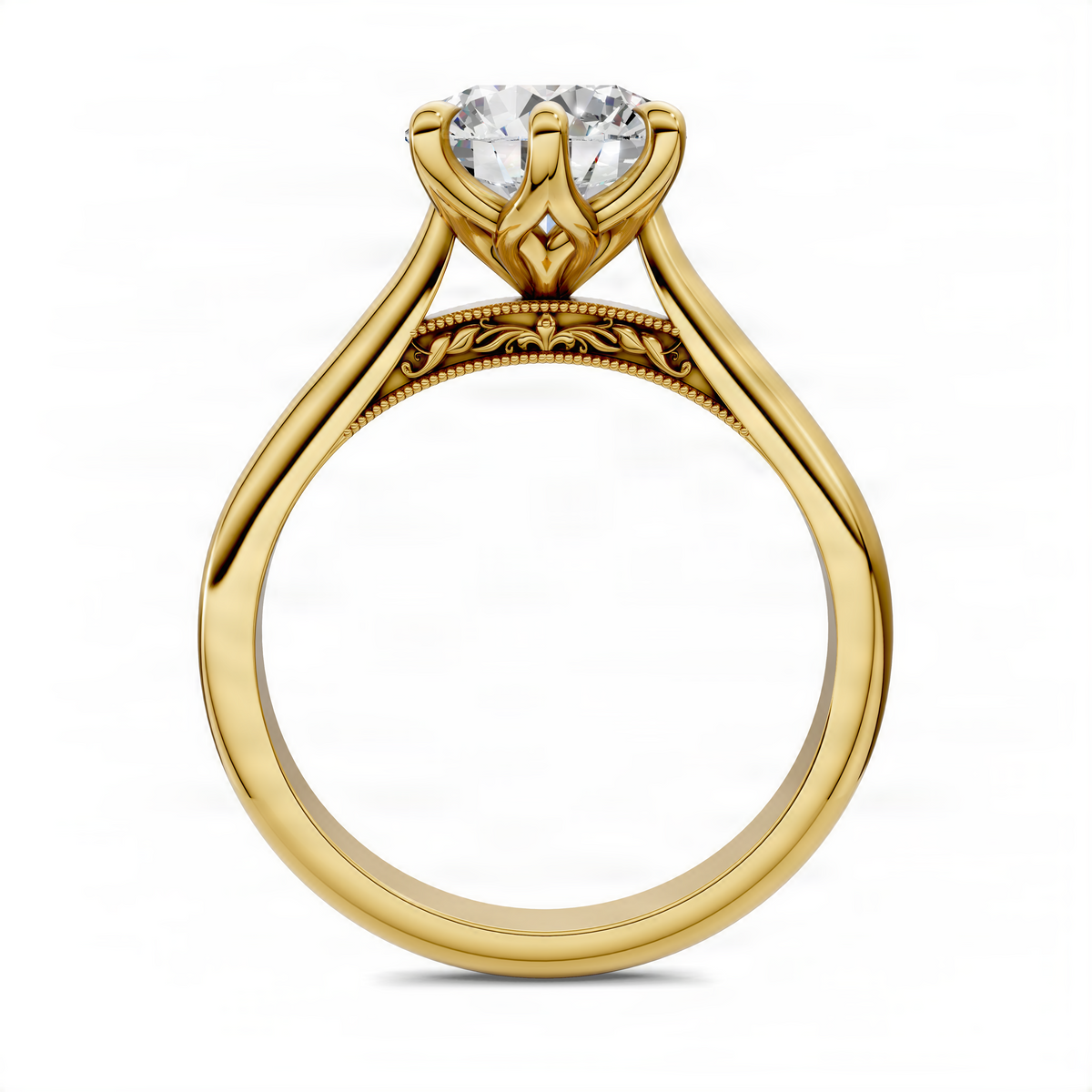 Yellow gold round gemstone ring with petal prongs and engraved halo-style underband