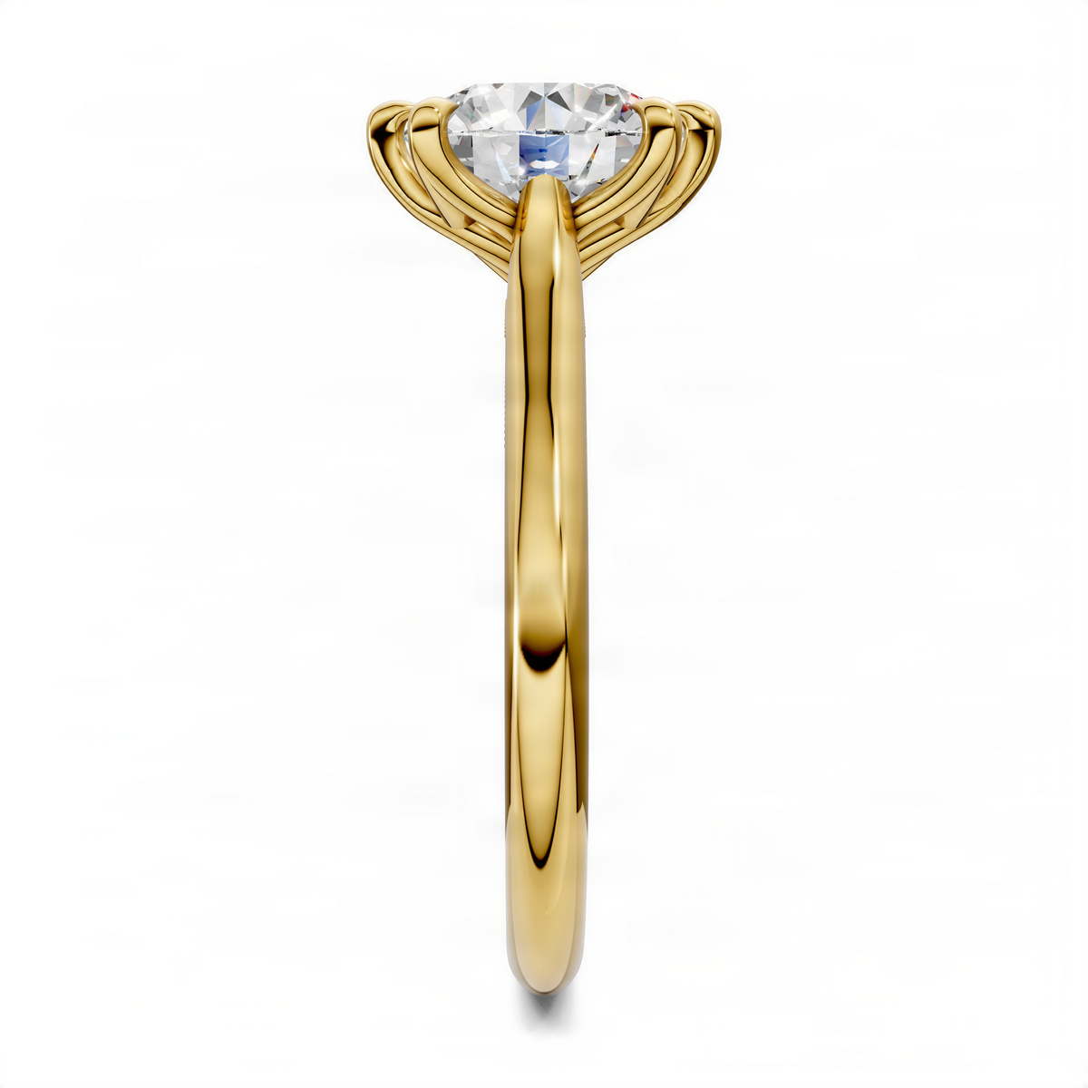 Yellow gold round gemstone ring with petal prong setting and slender, polished shank