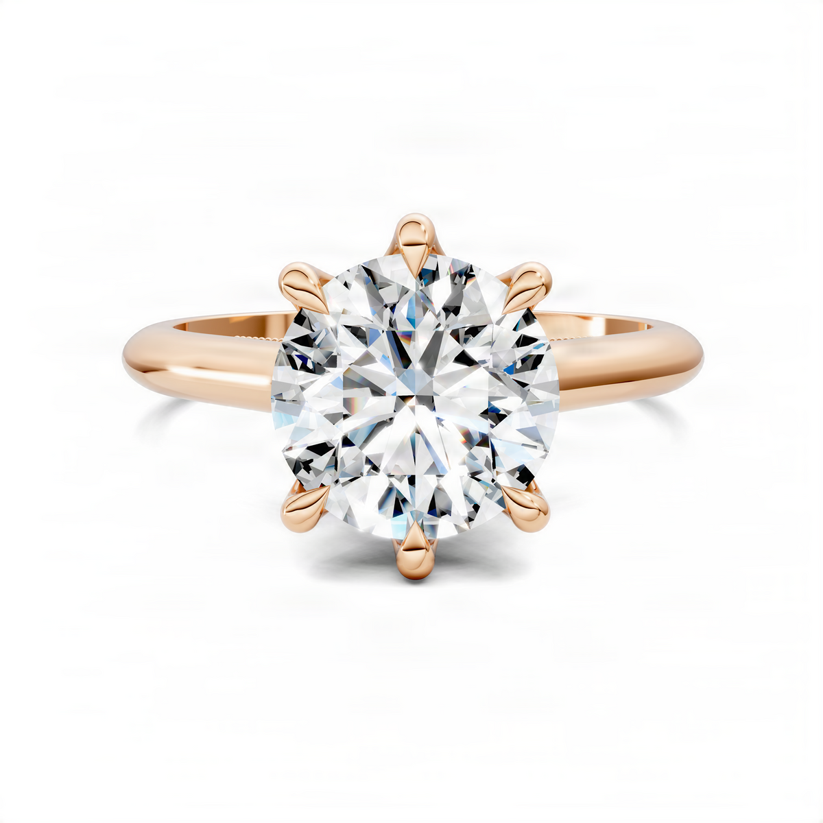 Rose gold round center stone ring with petal prong setting