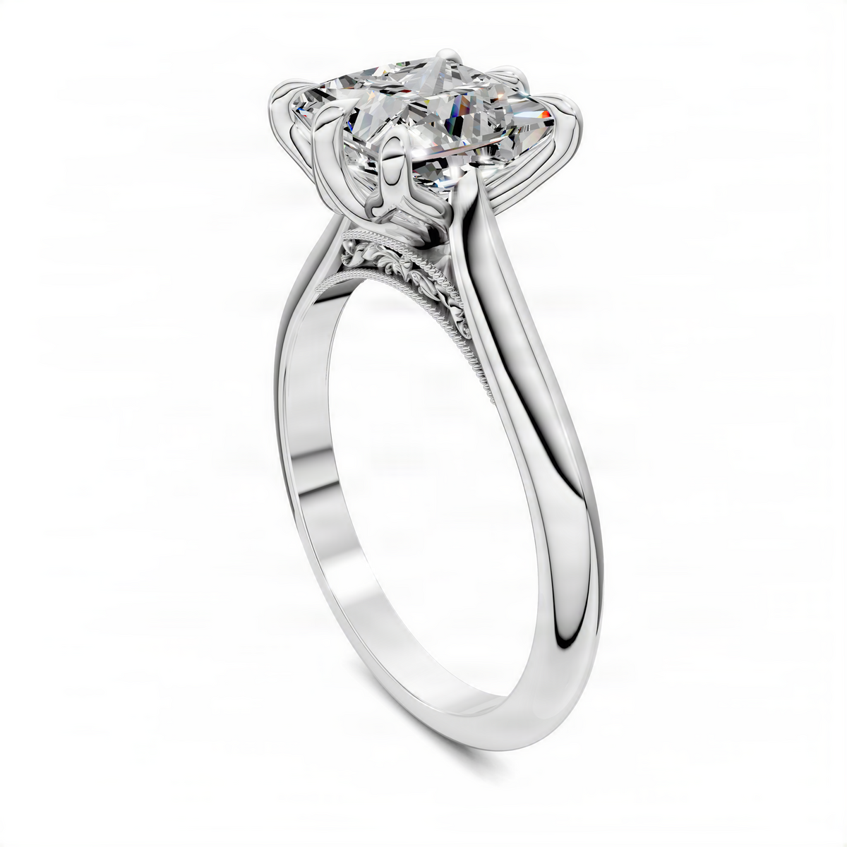 White gold princess petal engagement ring with square-cut center stone, side view
