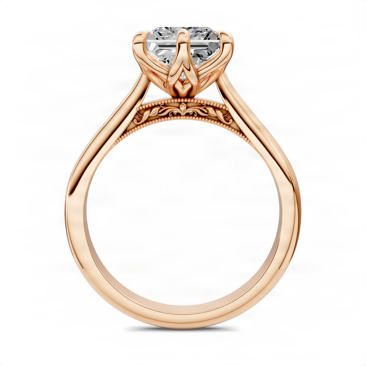 Rose gold princess petal engagement ring with cushion-cut center stone and halo