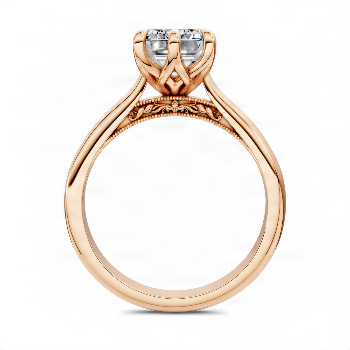 Emerald-cut gemstone ring with petal prong setting, rose gold band and tapered split shoulders