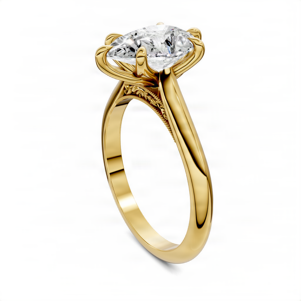 Rose gold diamond ring with round center stone and twisted petal halo