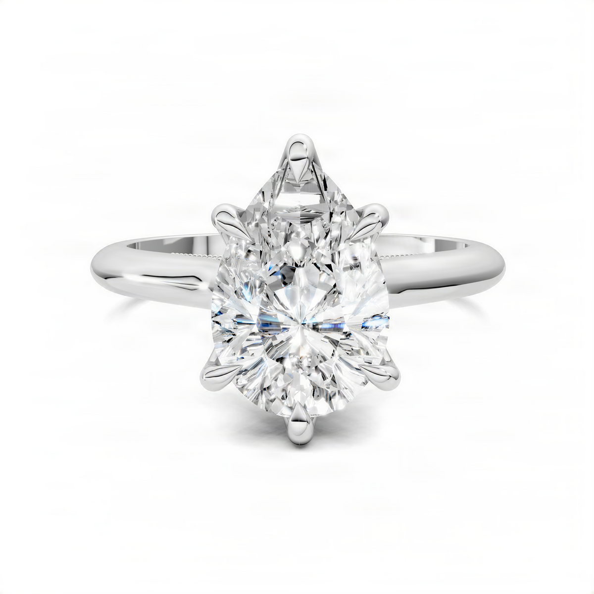 White gold diamond ring with round center stone and petal-shaped prongs