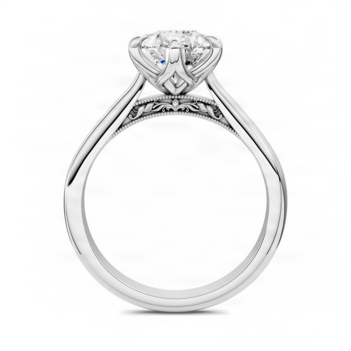White gold diamond ring with round center stone and petal prong halo