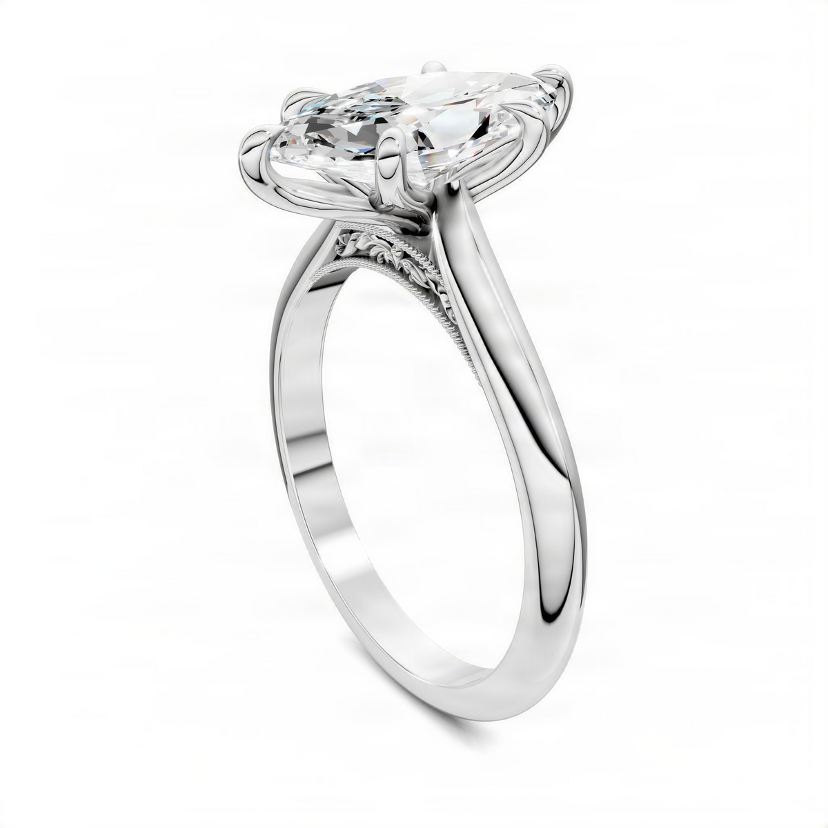 Marquise solitaire ring with petal band, white metal and prong-set center stone