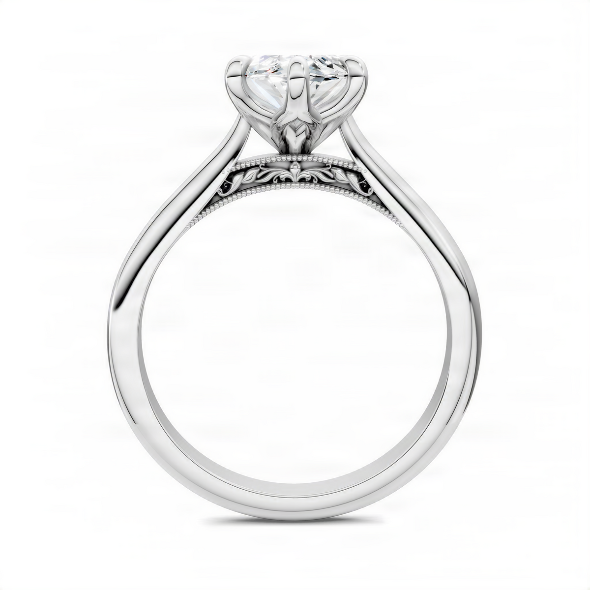 Marquise petal ring in white metal with oval center stone and curved prongs