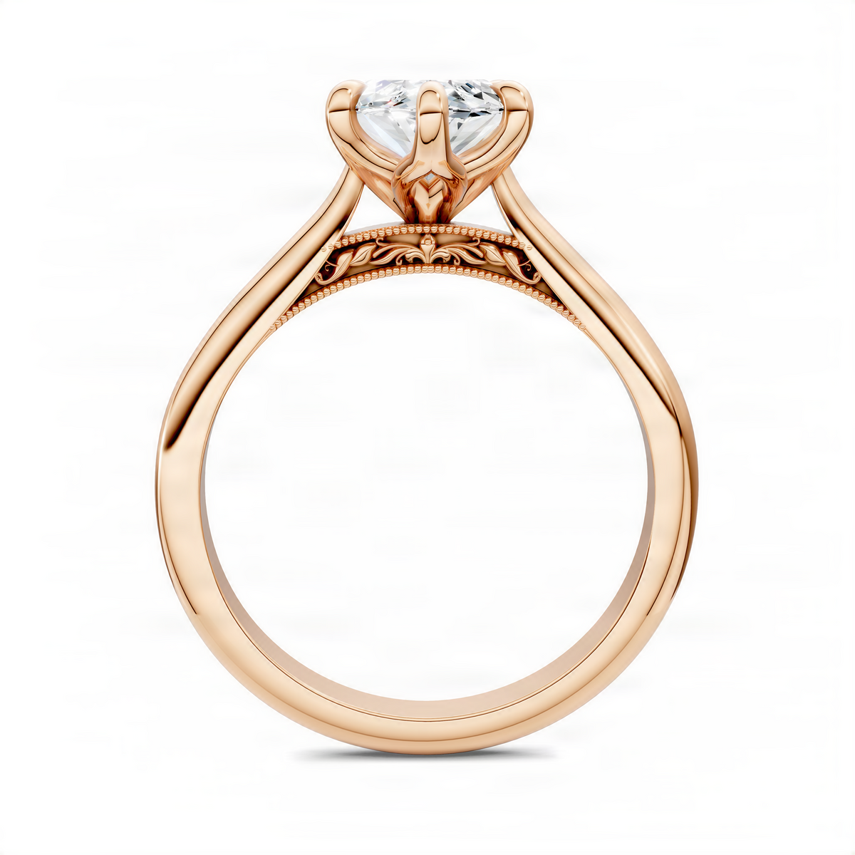 Marquise petal ring in rose gold with oval center stone and engraved halo