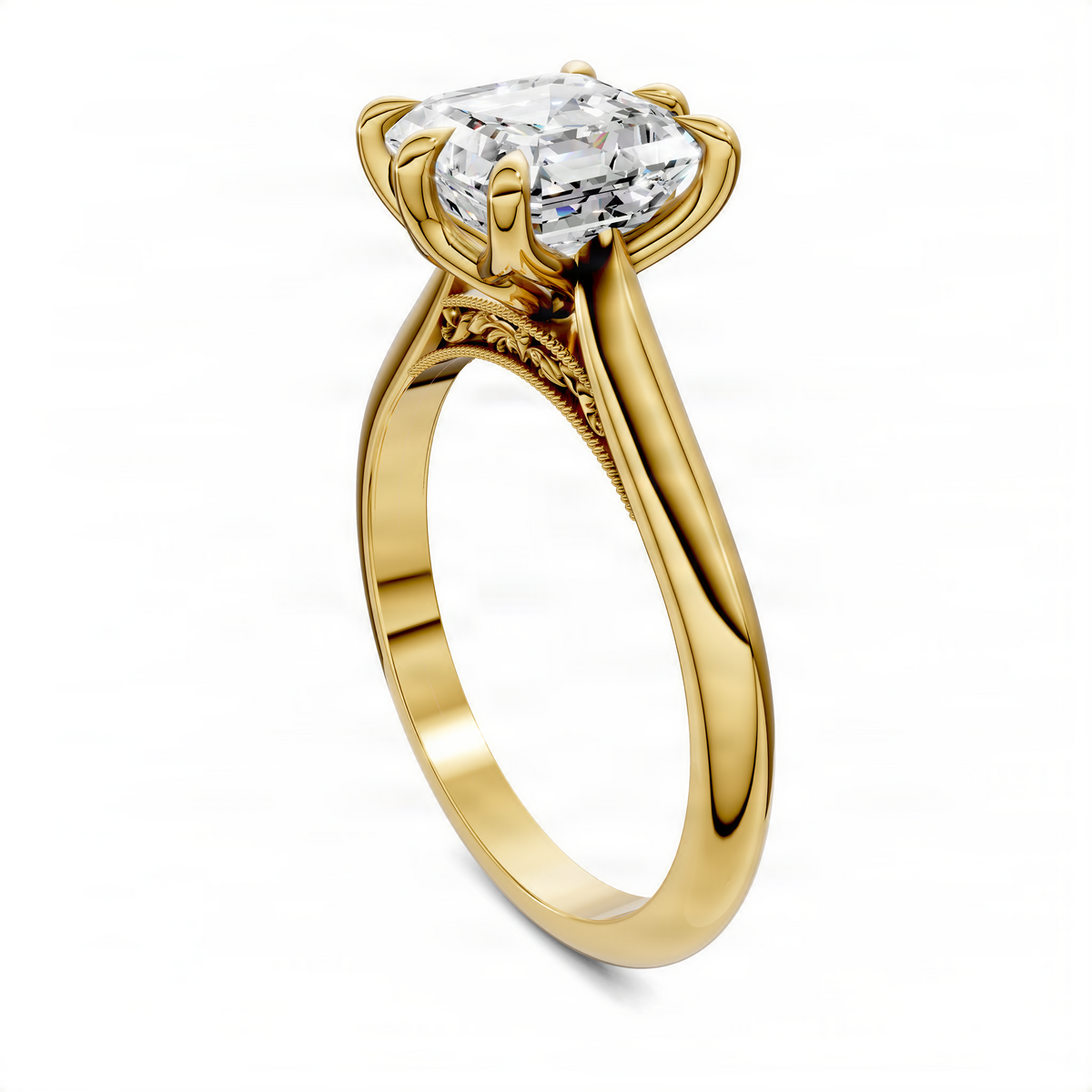 Yellow gold engagement ring with Asscher-cut center stone and sculpted petal setting
