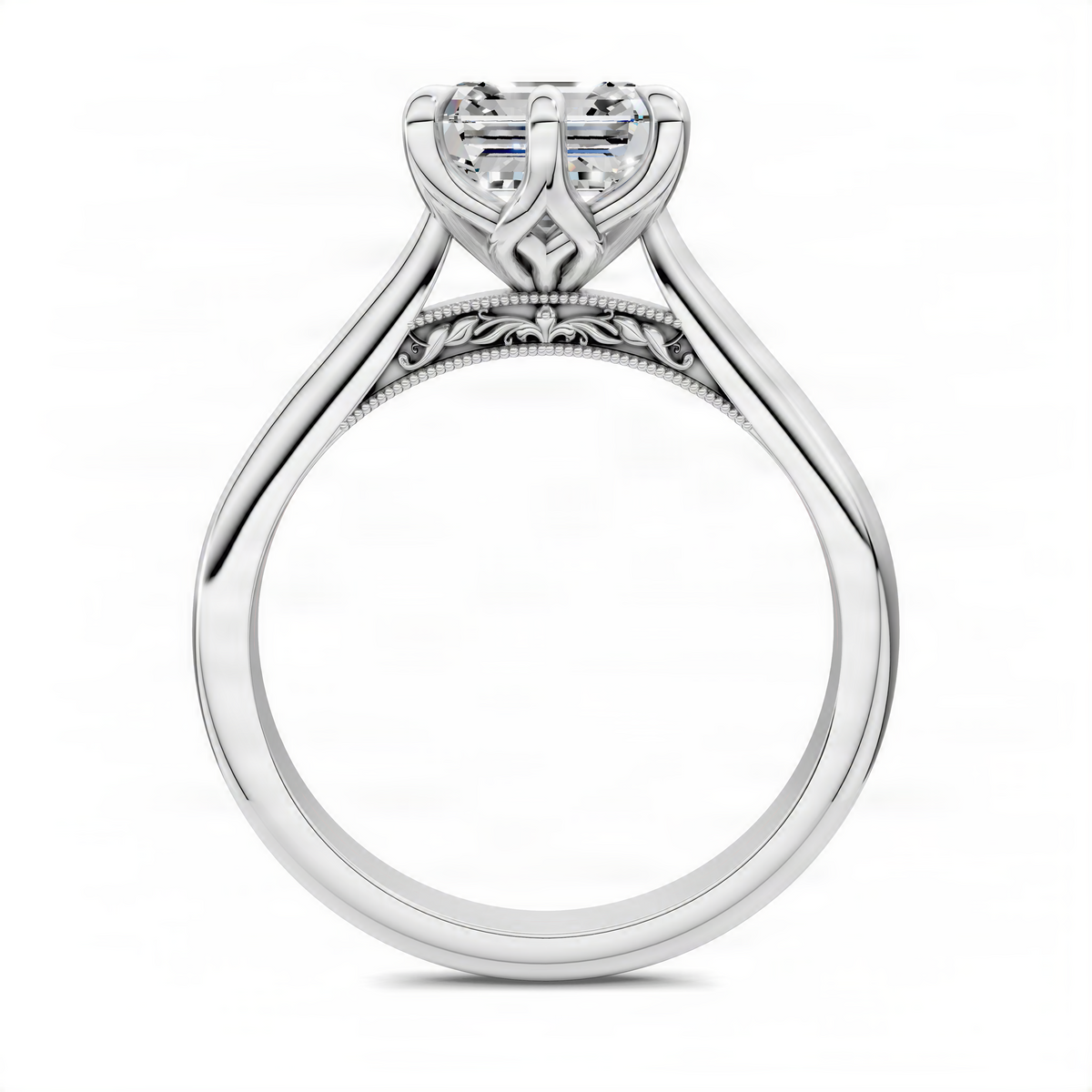 White gold Asscher-cut center stone ring with petal shoulders and four-prong basket