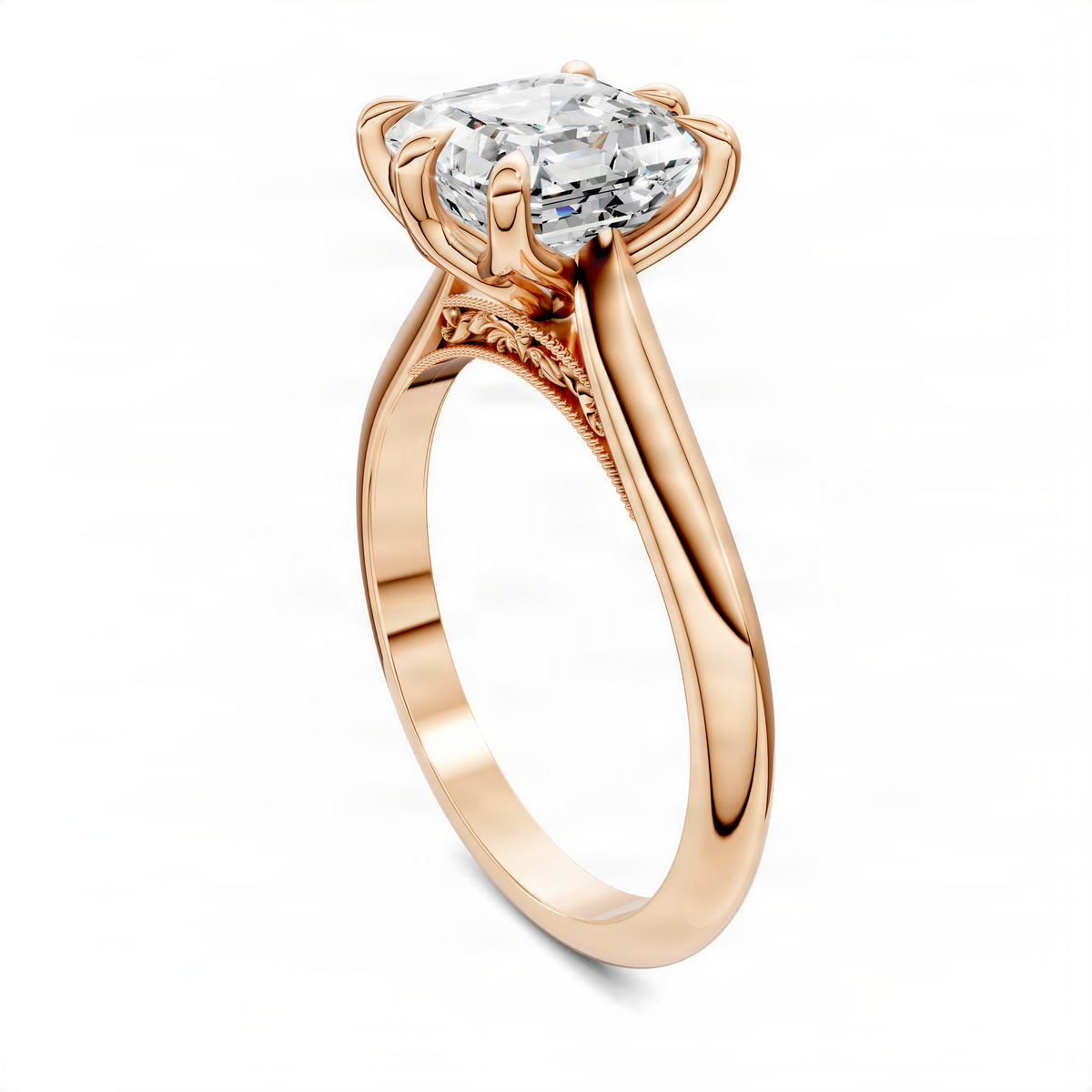 Rose gold Asscher-cut diamond ring, angled side view with petal detailing on band