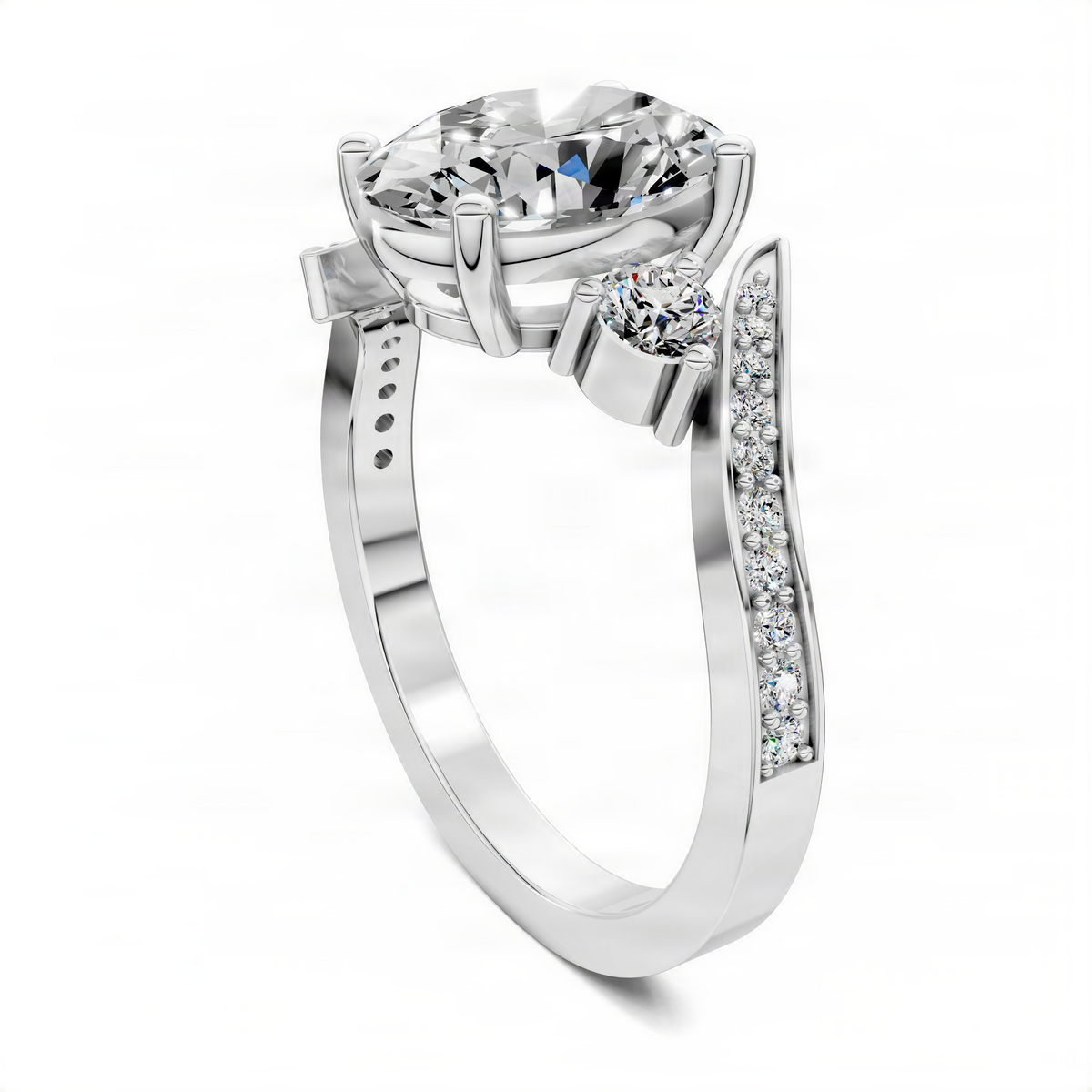 Oval twisted ring in white metal with large center stone and pavé side stones