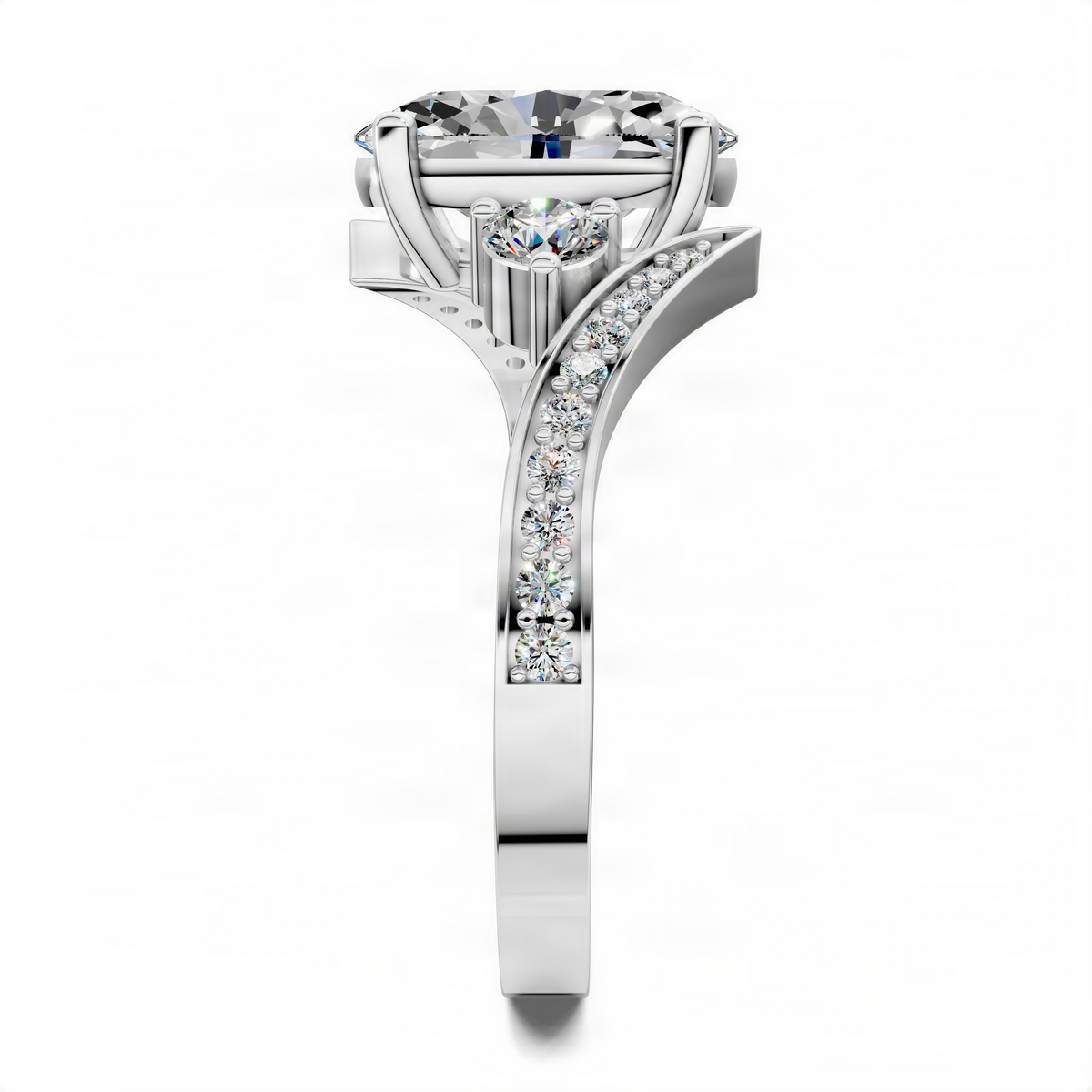Oval twisted ring in white metal with pavé-set band and prong-set center stone.