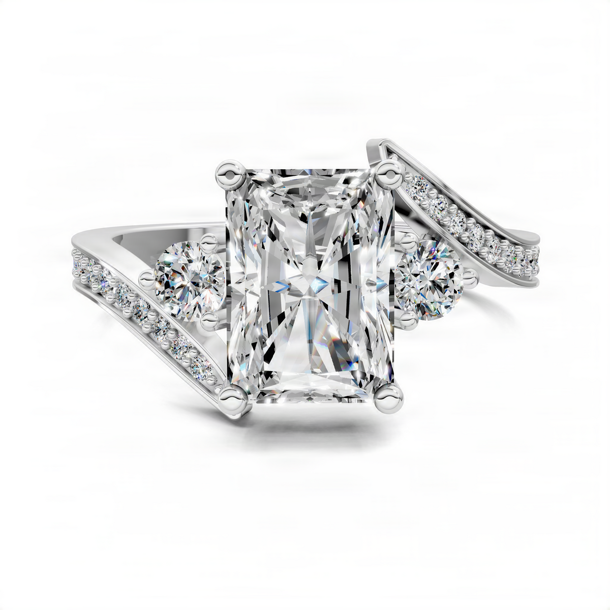 White gold radiant twisted ring with large emerald-cut center stone and diamond side row