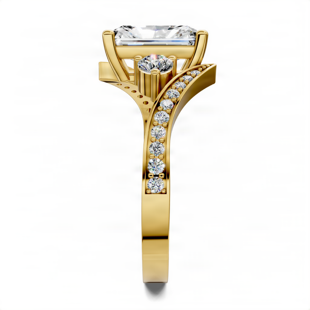 14K yellow gold radiant twisted ring with emerald-cut center stone and vertical stone line
