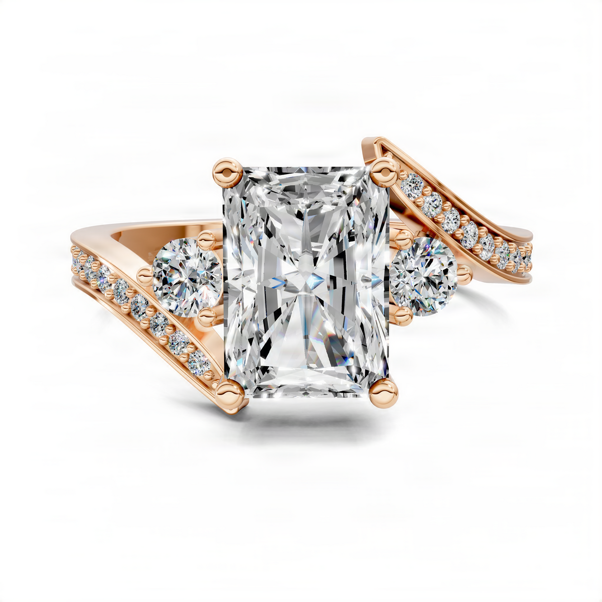Opes radiant twisted ring in rose gold with a rectangular center stone and pavé side stones