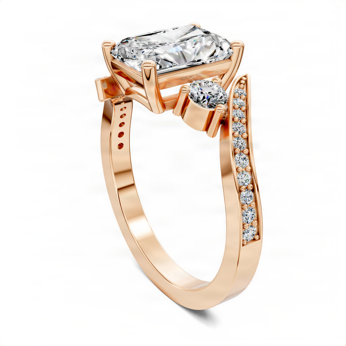 Opes Radiant twisted ring in rose gold with radiant center stone and pavé side stones