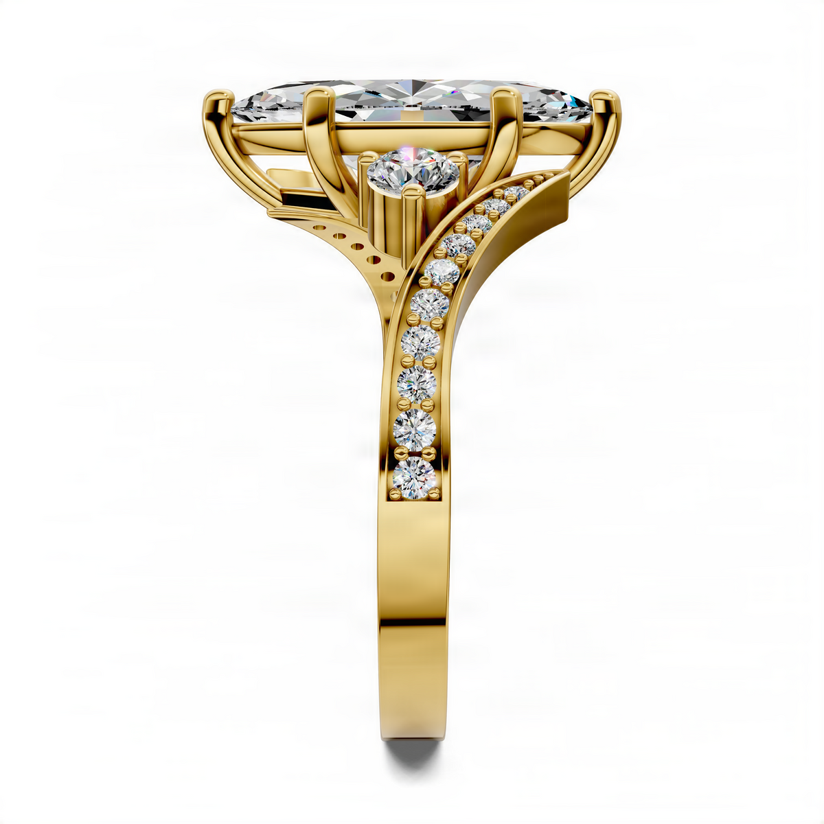 Marquise-cut diamond ring in yellow gold with twisted pavé band