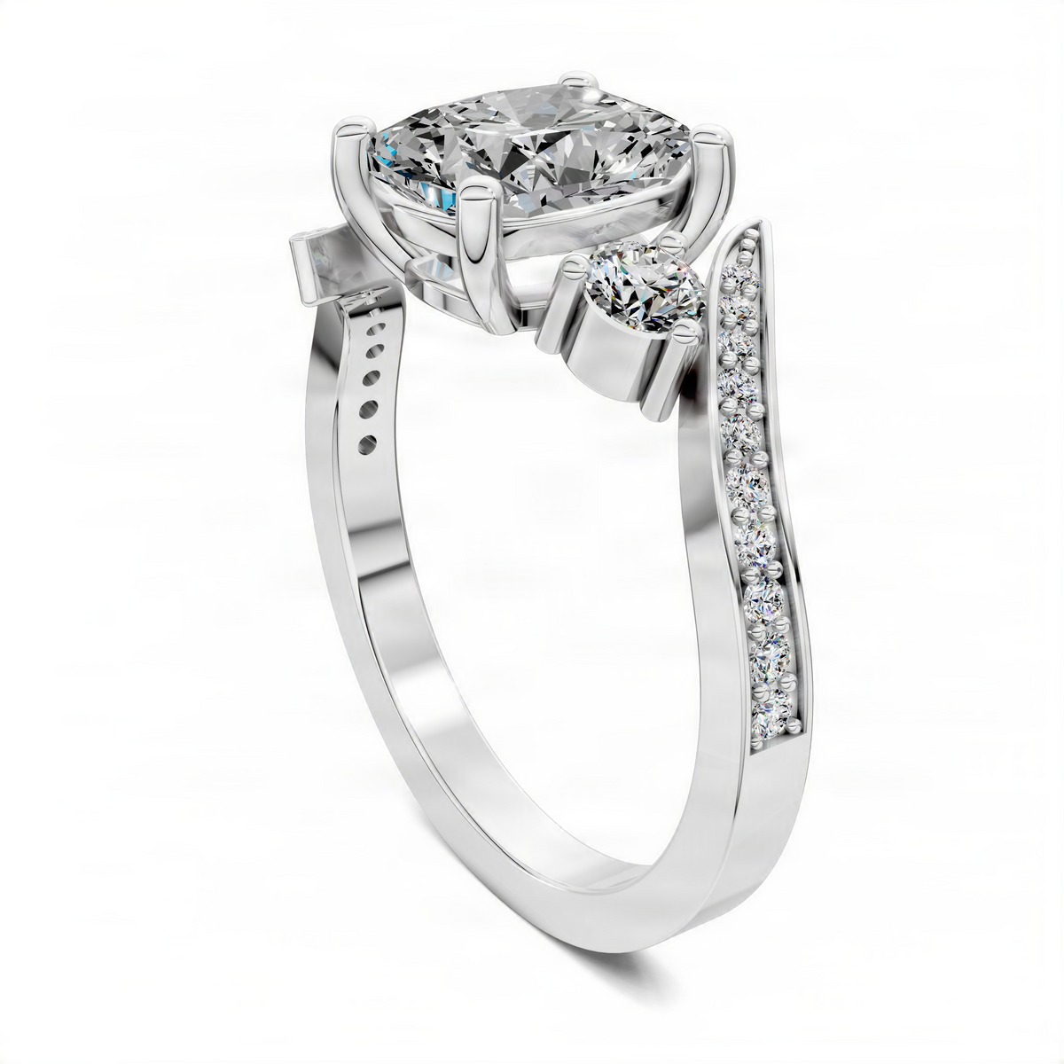 Twisted ring with cushion-cut center stone and pavé band in white metal