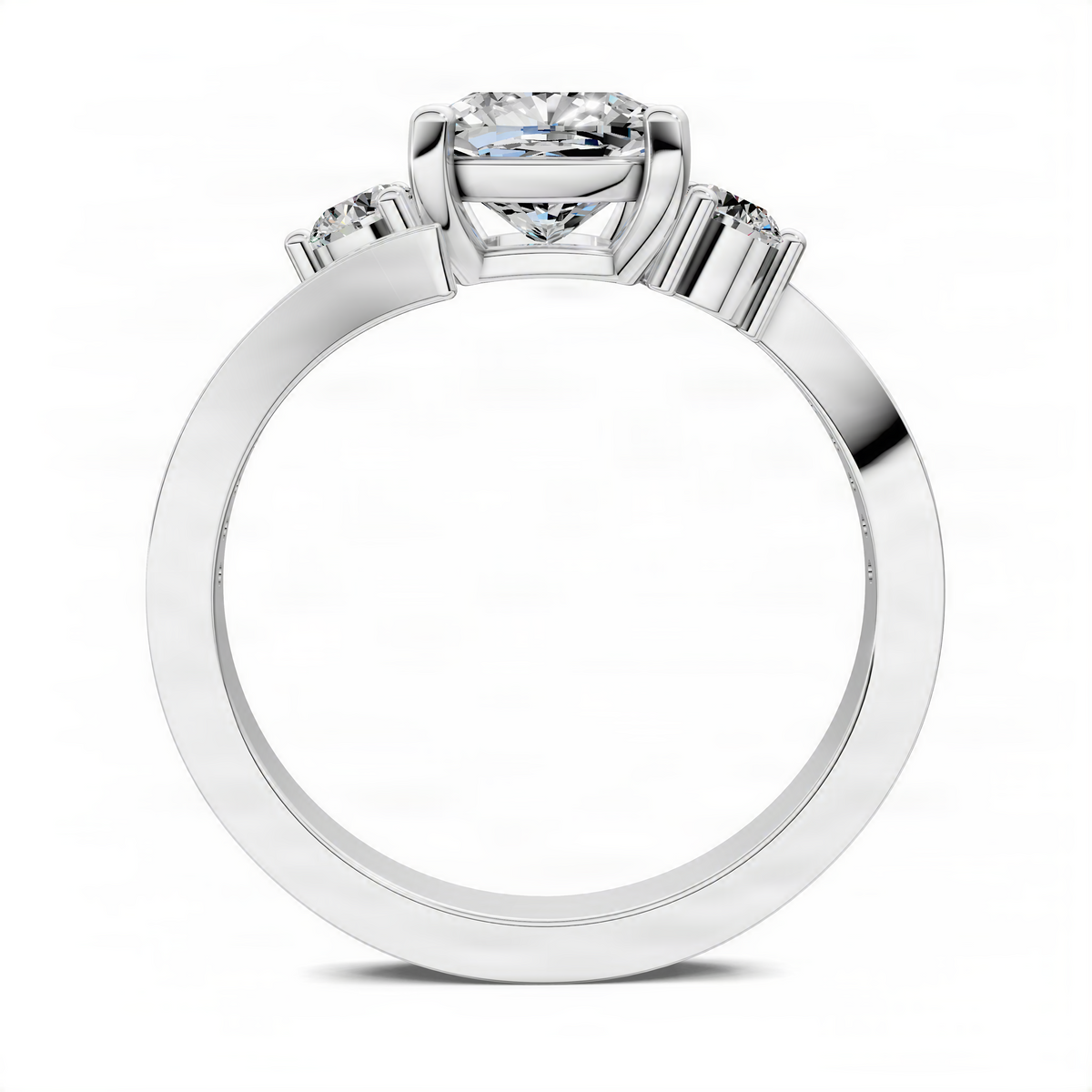 Opes cushion twisted ring in white gold, side view of twisted band and center setting.