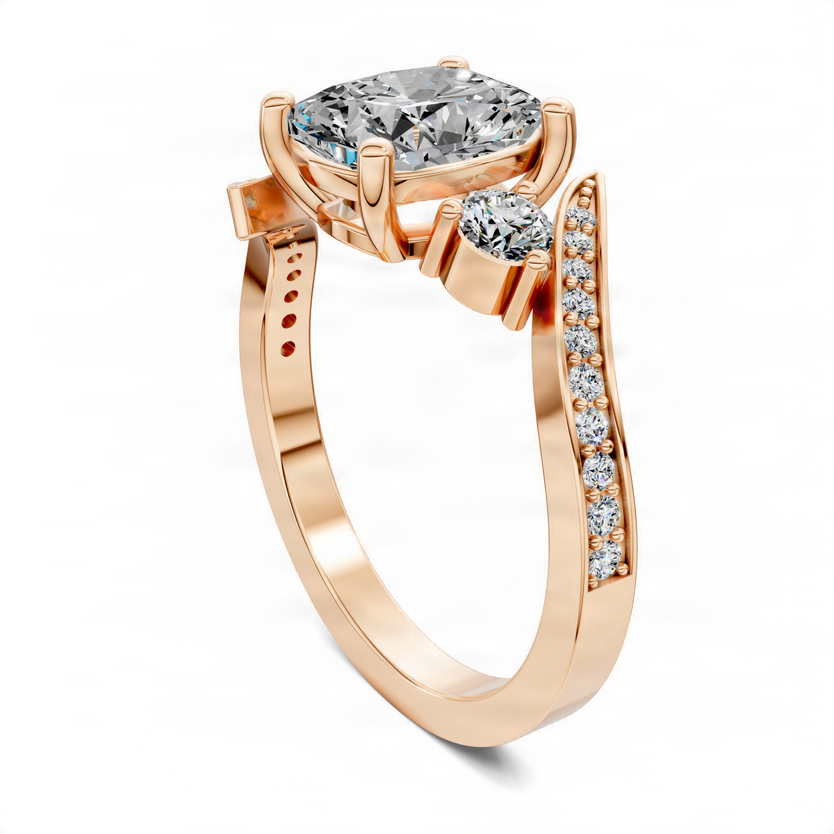 Opes cushion twisted ring in rose gold, cushion center stone with diamond pave side band.