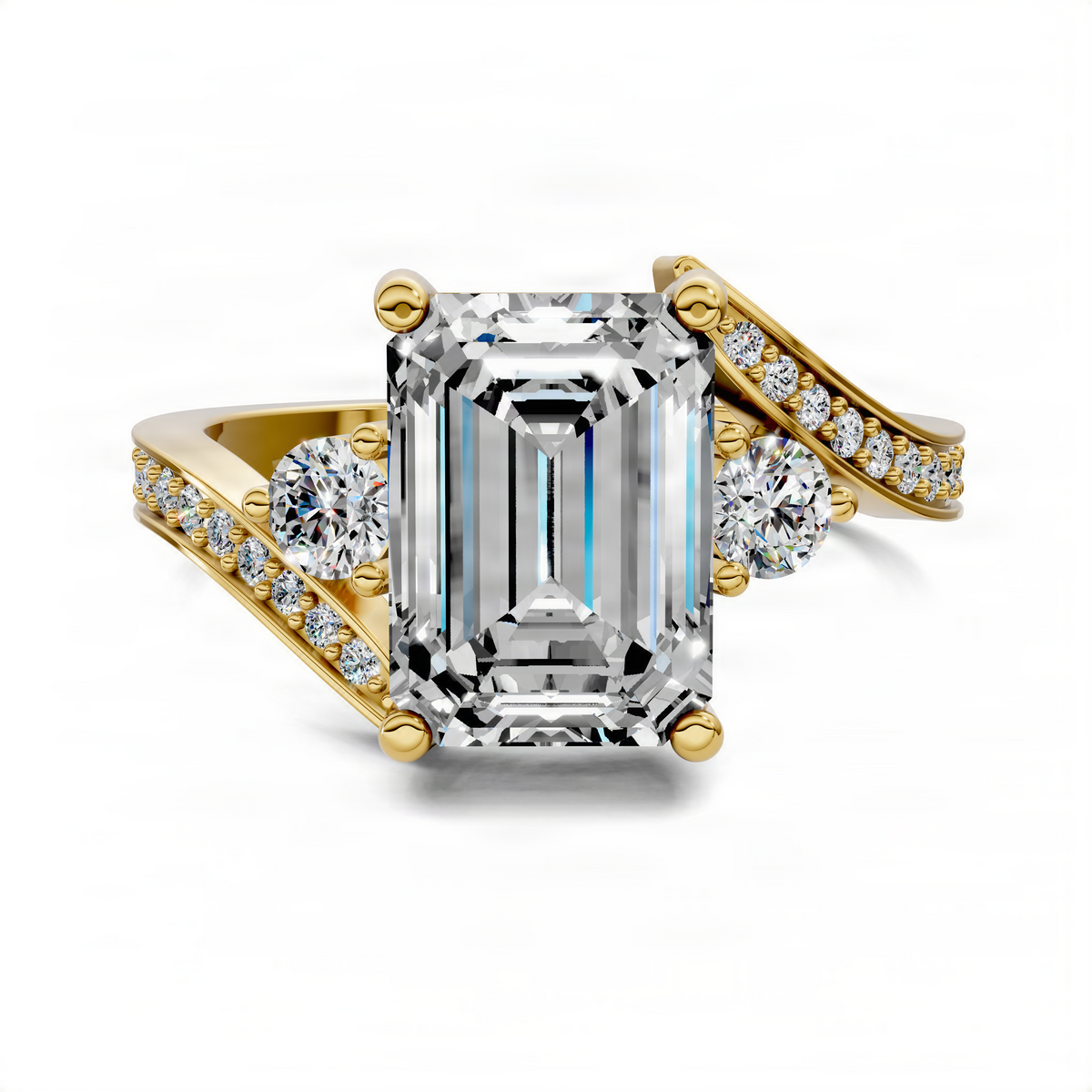 Emerald-cut diamond ring in yellow gold with twisted pavé band and round side stones