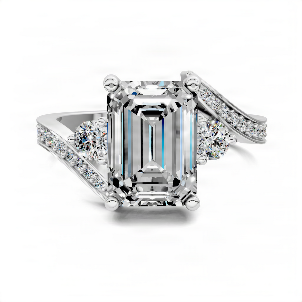 Opes emerald-cut twisted ring with pavé shoulders and side stones