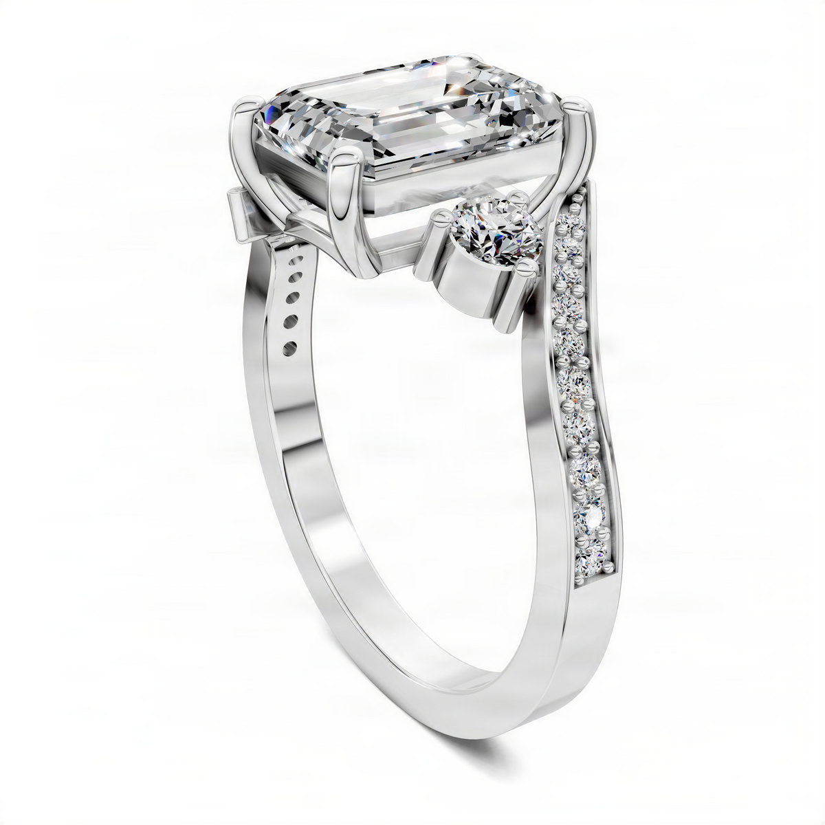 Emerald-cut twisted ring with side round stone and pavé shank