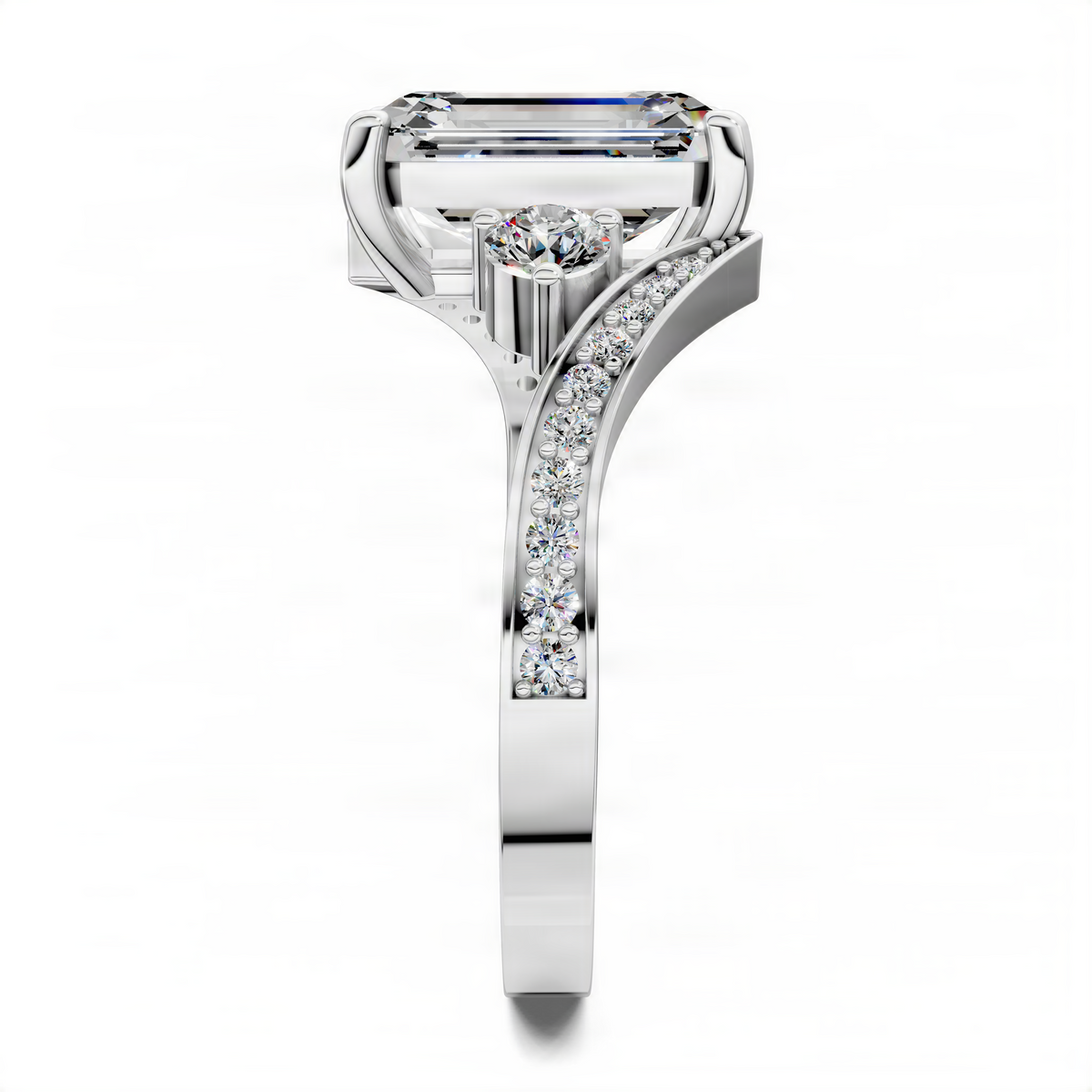 Emerald-cut diamond ring with twisted white metal band and pavé diamonds