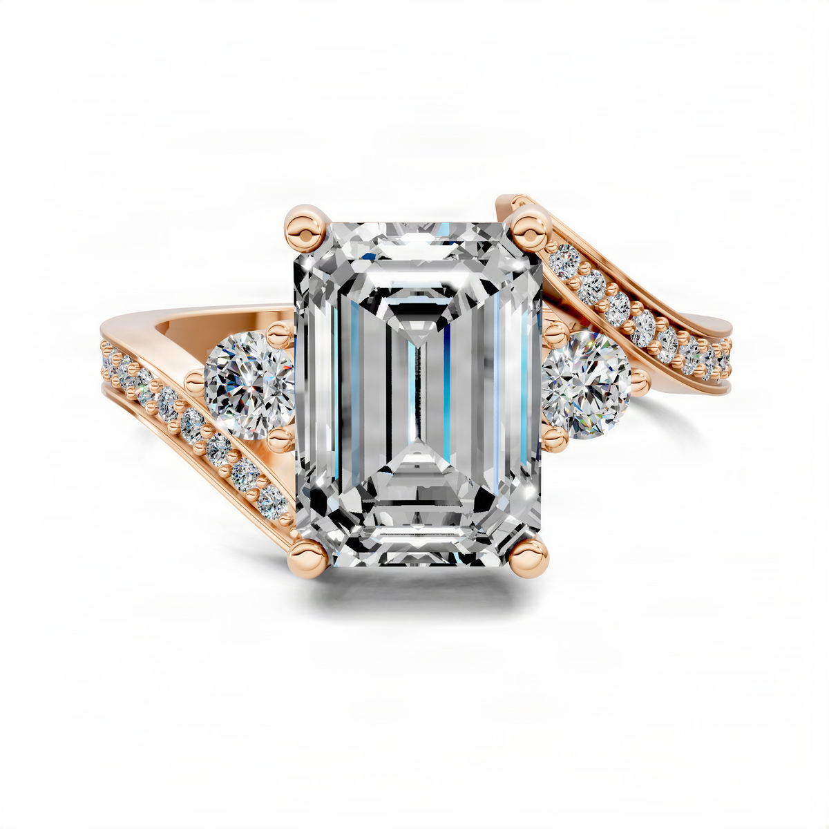 Emerald-cut ring with twisted pavé band and round side stones in rose gold