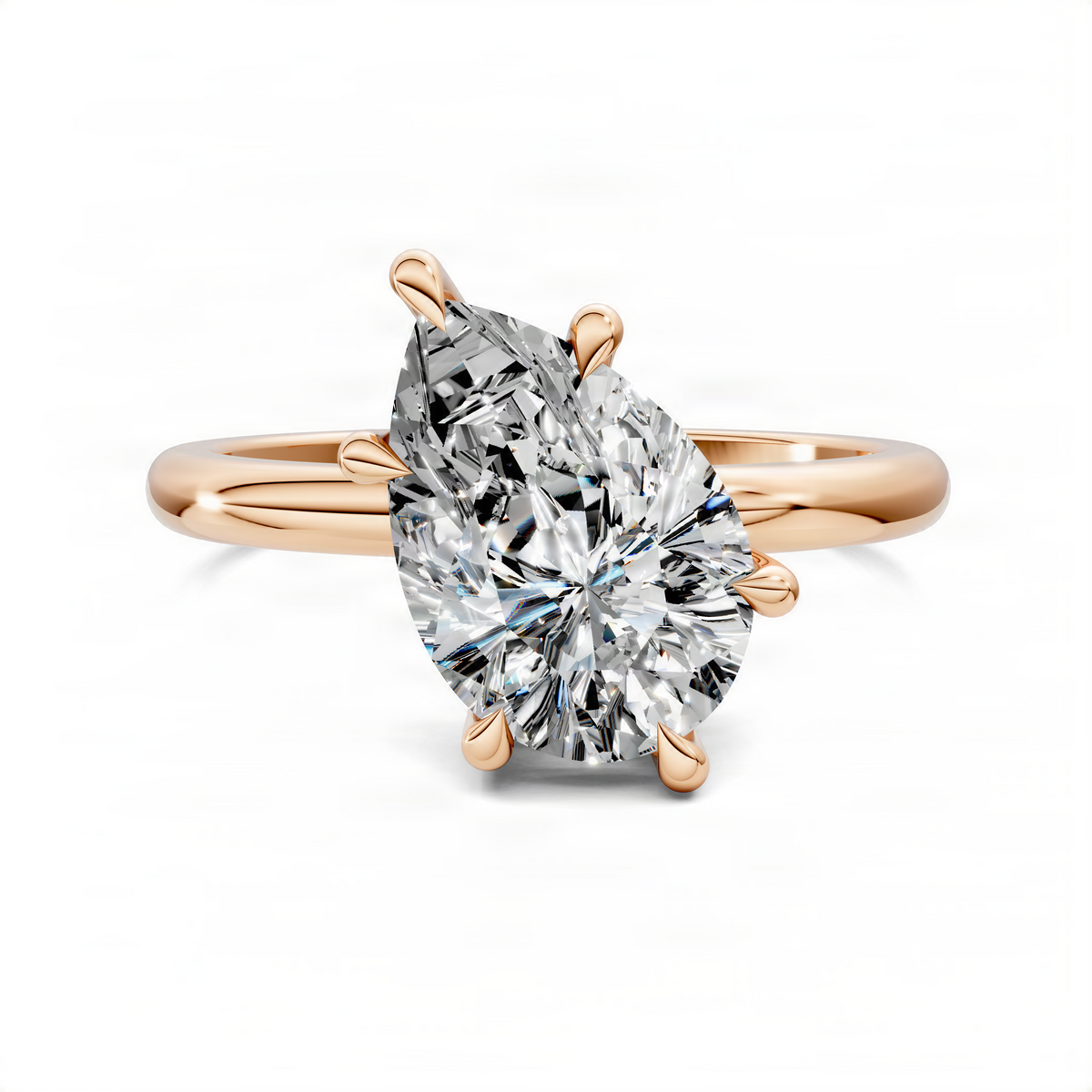 Rose gold pear-shaped solitaire ring with four claw prongs and smooth band