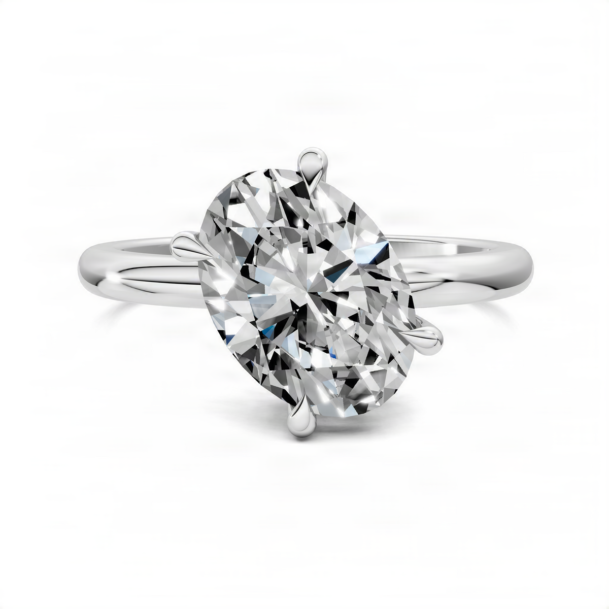 Oval solitaire ring with white metal and prong-set oval gemstone, front view