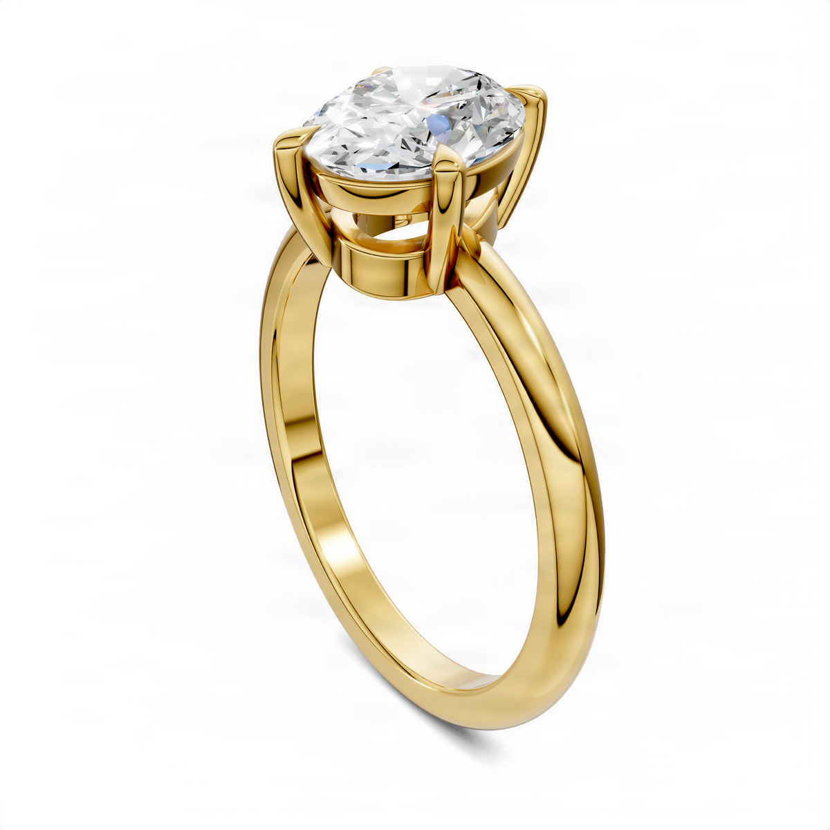 Oval solitaire ring with yellow gold metal and prong-set oval gemstone, angled view