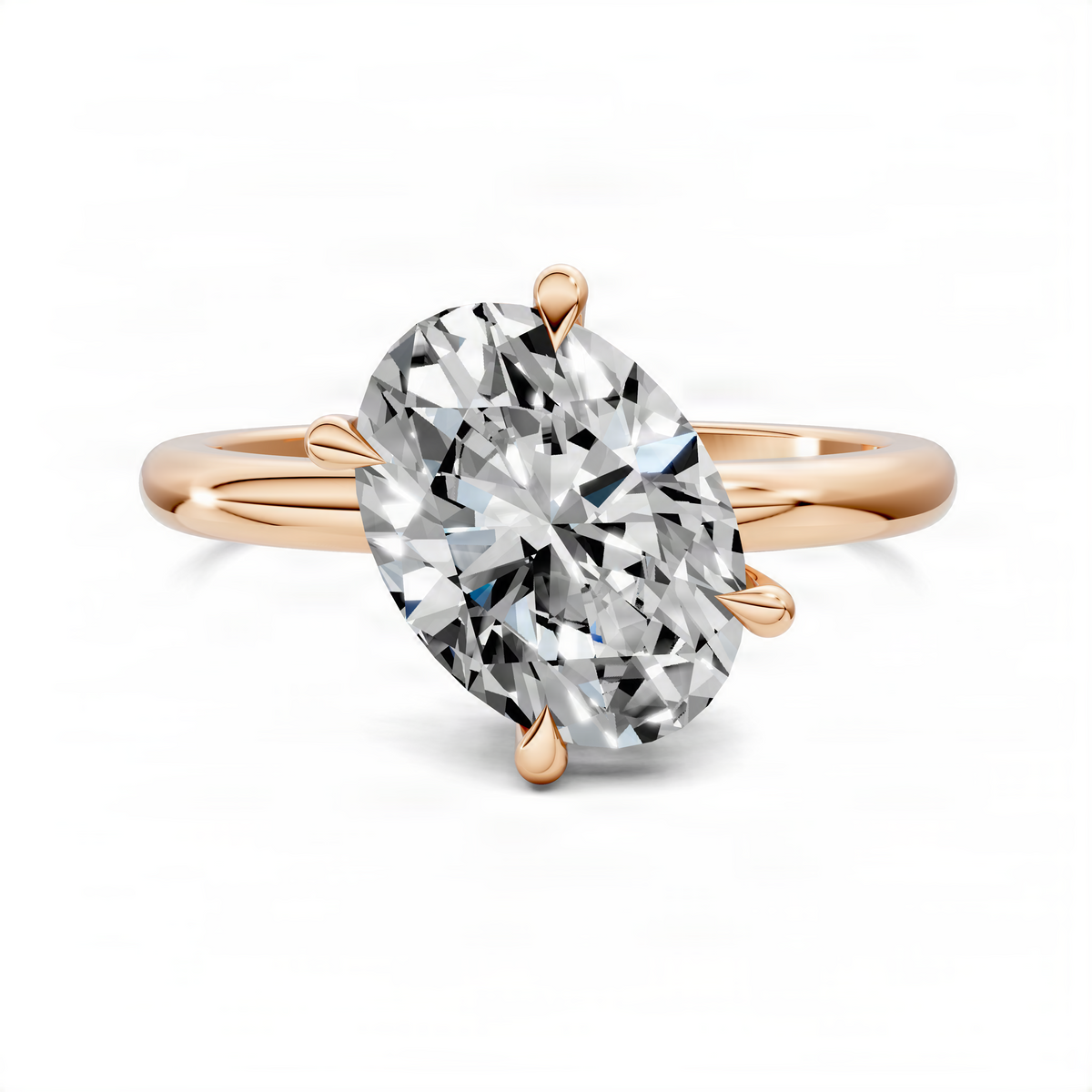 Oval solitaire ring with rose-gold angled band and large oval clear center stone