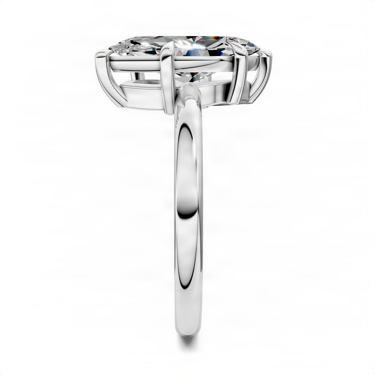 Platinum marquise solitaire ring with angled prong setting and polished band