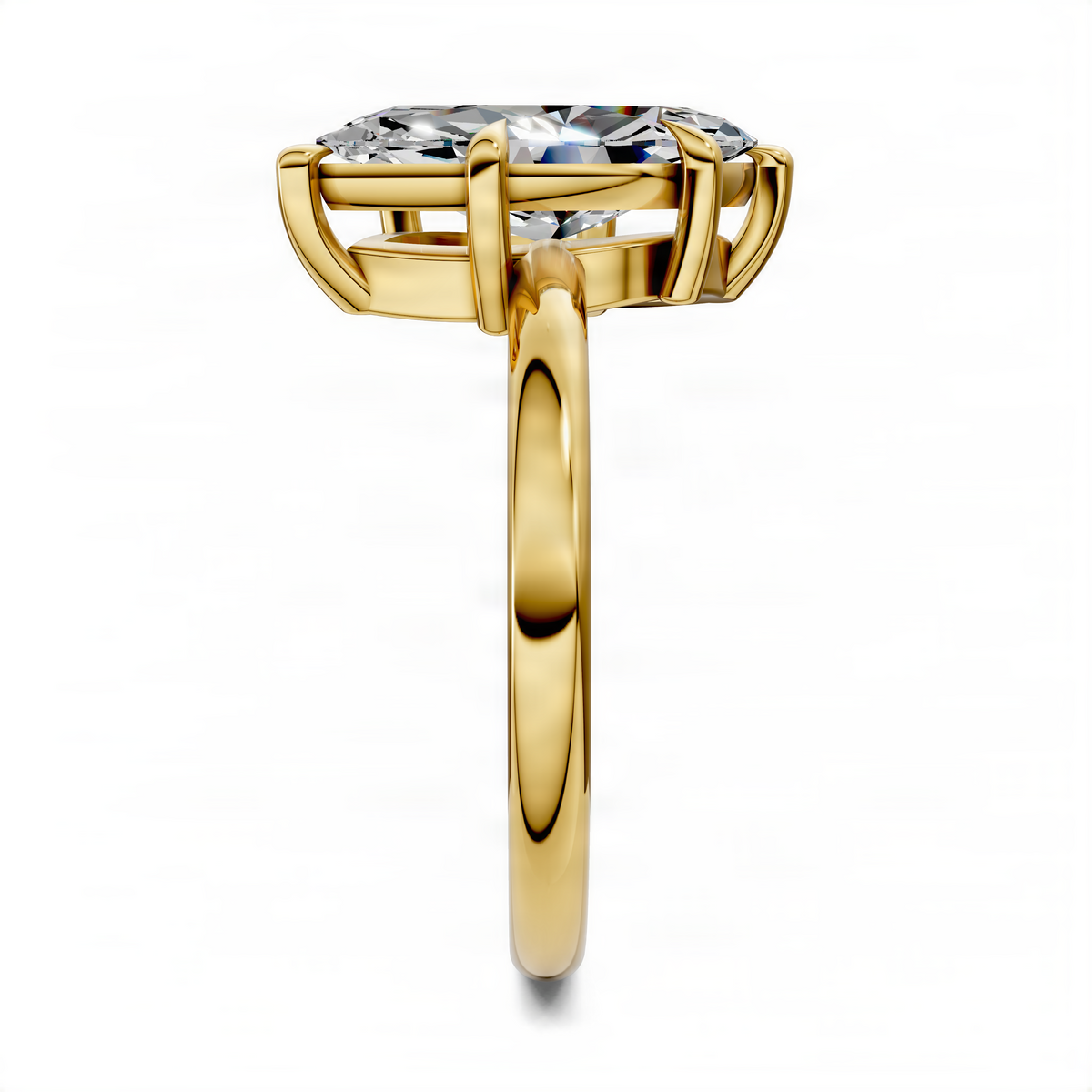 Yellow gold marquise solitaire ring front view with angled prong basket and band
