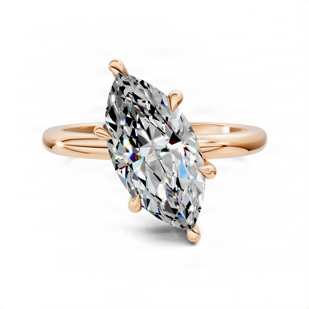 Rose gold marquise solitaire ring with angled prong setting and polished band